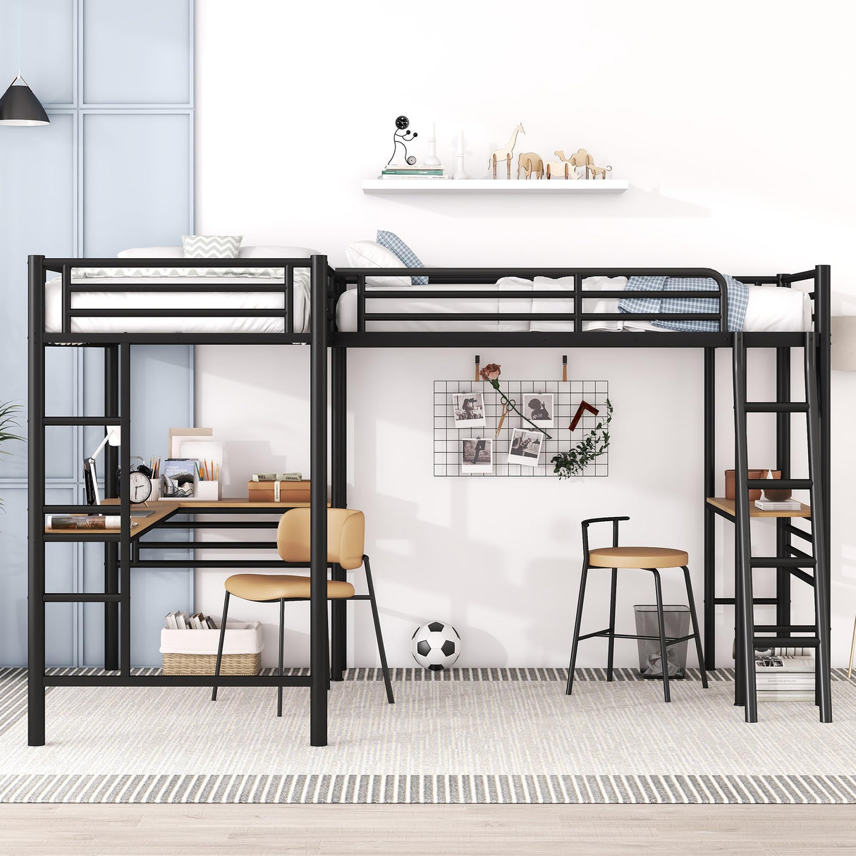 MERITLINE Metal Twin Size L-Shaped Loft Bed, Twin Size Loft Bed Frame with Two Built-in Desks Underneath for Kids Boys Teens, Black MERITLINE