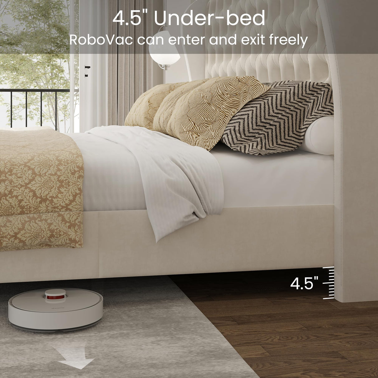 LARMACE King Size Bed Frame Velvet Upholstered Platform Bed with Wingback Headboard & Footbaord, Deep Button Tufted Bed Frame with Wood Slats Support, No Box Spring Needed, Beige LARMACE