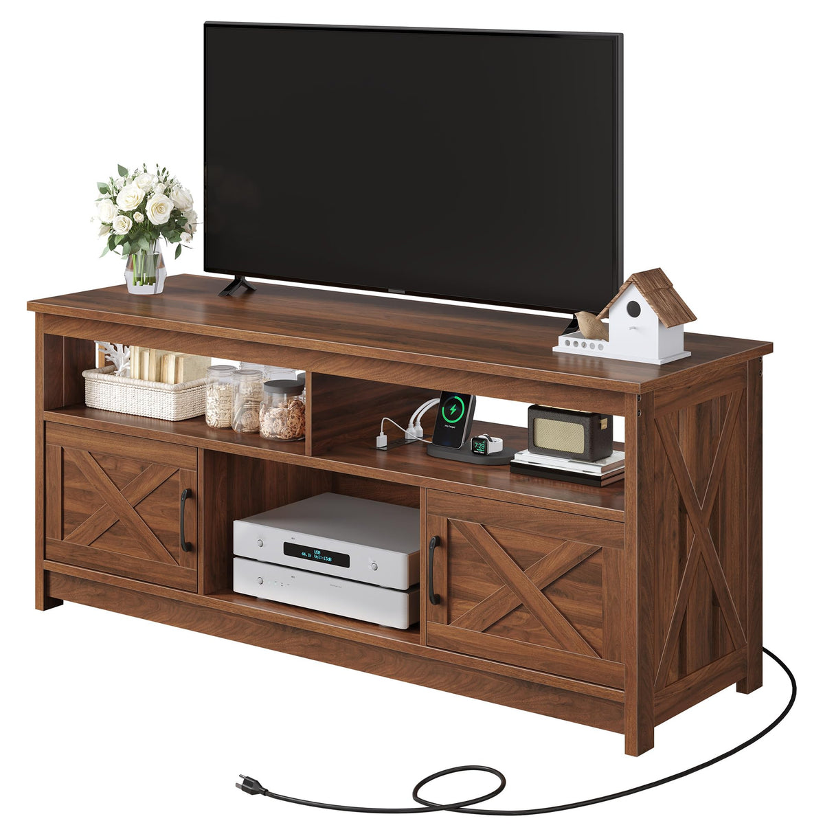 DWVO Farmhouse TV Stand for Television up to 65 Inch, Entertainment Center with Power Outlets and Open Shelf, Rustic TV Cabinet Media Console Table for Living Room, Walnut, 59 Inches DWVO