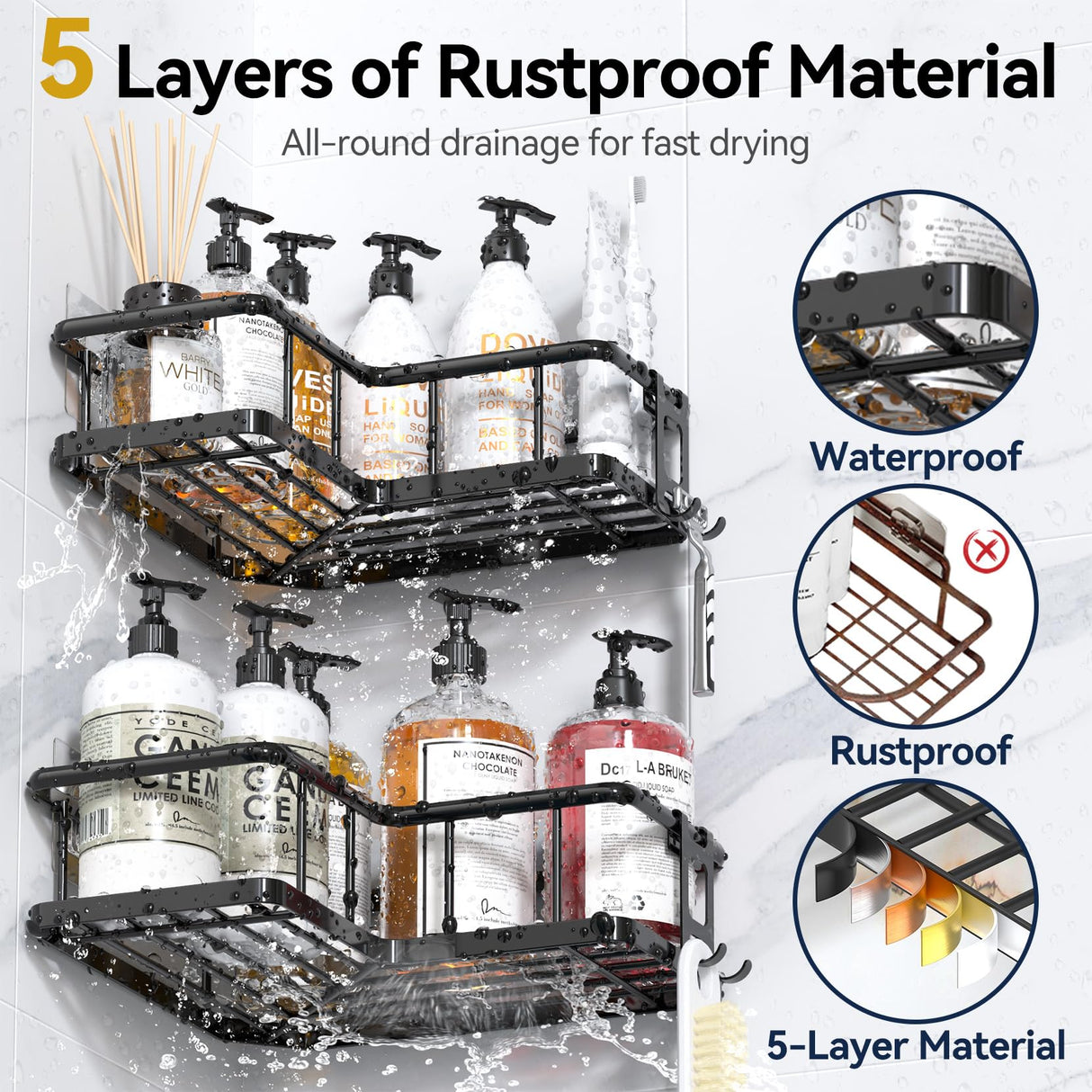 YASONIC Corner Shower Caddy Organizer, 3-Pack Adhesive Rustproof Stainless Steel Shower Shelves with Soap Holder, No Drilling Shower Storage Rack for Family Renters Bathroom, Black YASONIC