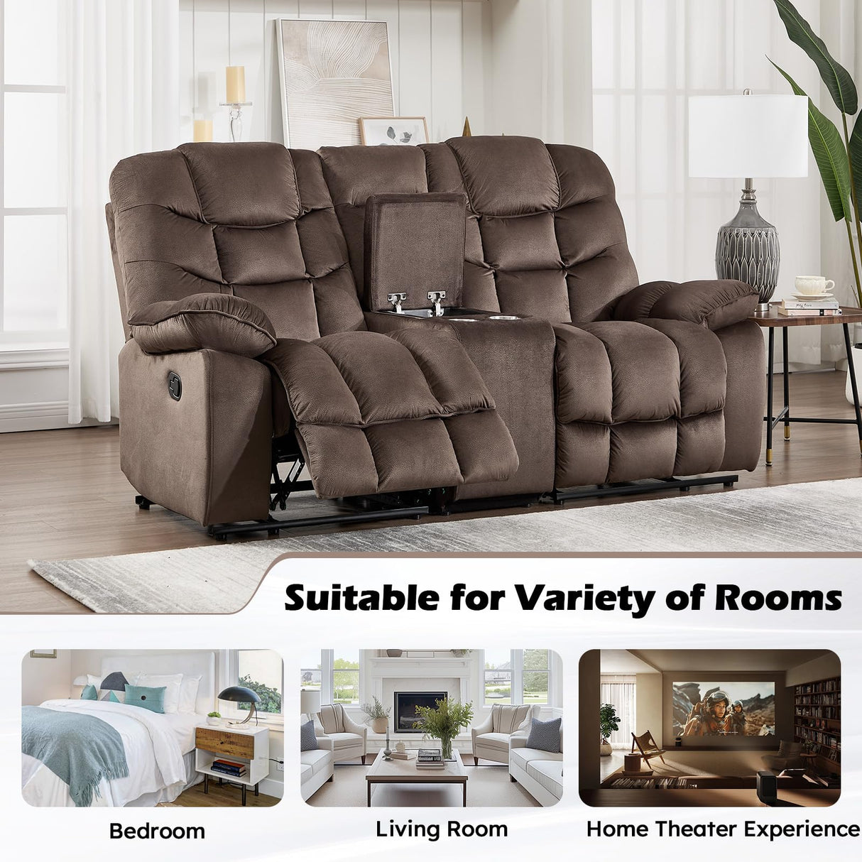 HAOMARKETS Manual Reclining Loveseat Sofa for Living Room, 77" Wide Overstuffed 2-Seater Recliner Couch with Cup Holders & Storage Console, Breathable Fabric, Brown HAOMARKETS