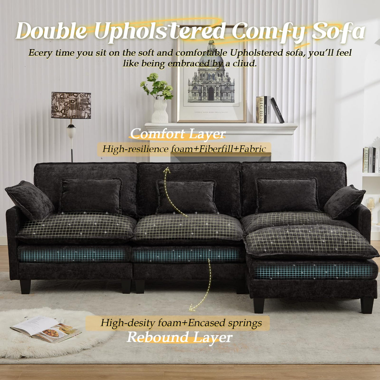 SAMERY Modular Sectional Sofa, 113" L Shaped Couch Set for Living Room Comfy Cloud Couch with Movable Ottoman, Extra Deep Seat Sofa Sleeper with 5 Pillows, Black Chenille 3-Seater Sofa SAMERY