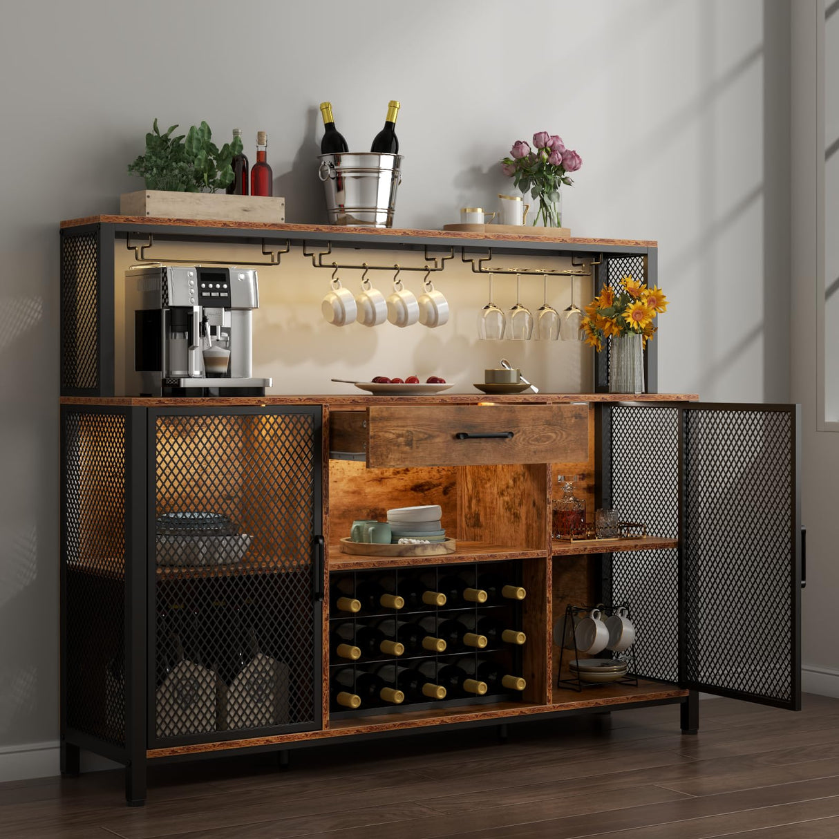 Gyfimoie Wine Bar Cabinet with Drawer and LED Lights, 55 Inches Industry Coffee Bar Cabinet with Wine Rack and Glass Goblet Holder, Kitchen Sideboard Buffet Cabinet for Liquor and Goblet Gyfimoie