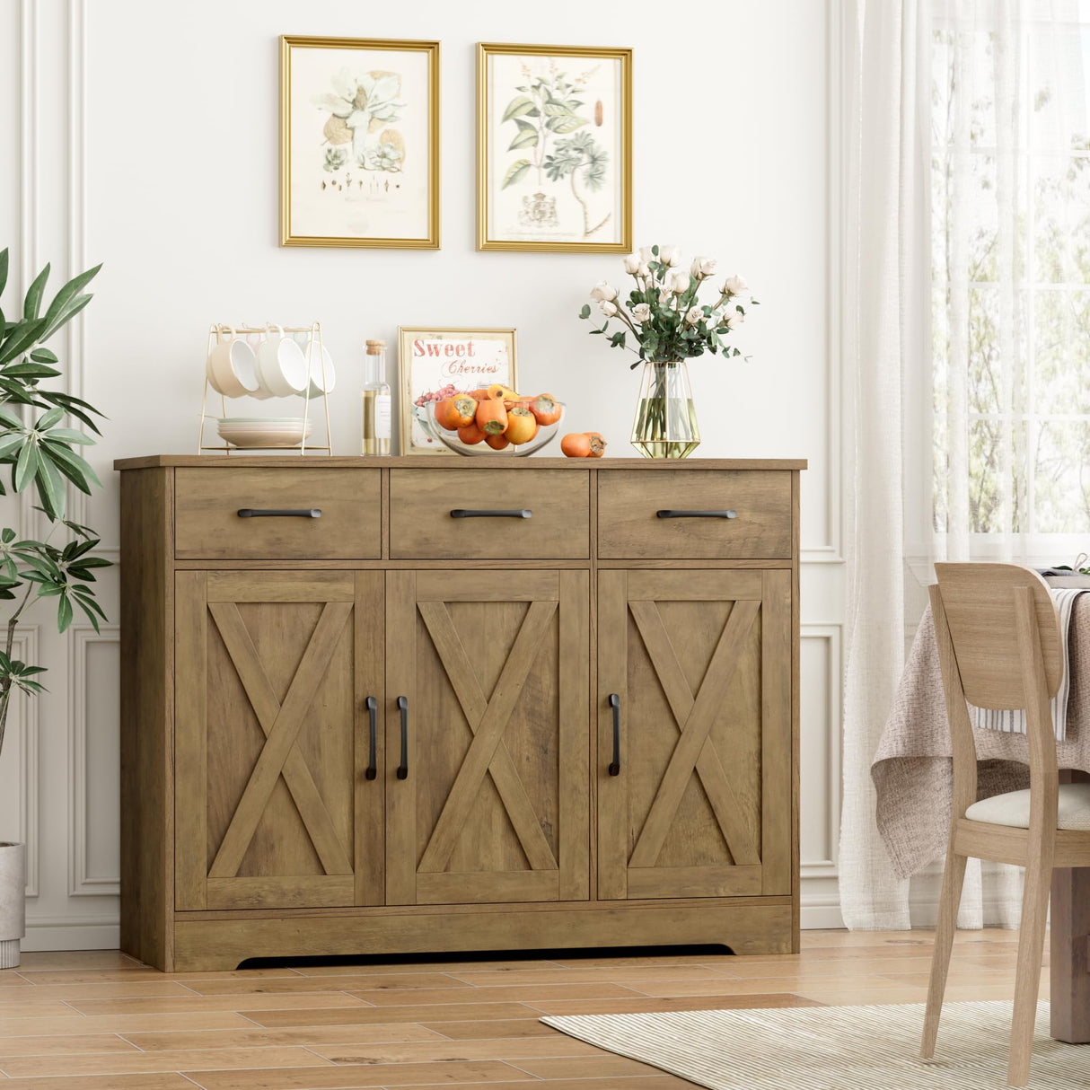 HOSTACK Modern Farmhouse Buffet Sideboard Cabinet, Barn Doors Storage Cabinet with Drawers and Shelves, Wood Coffee Bar Cabinet with Storage for Dining Room, Kitchen, Living Room, Rustic Brown HOSTACK