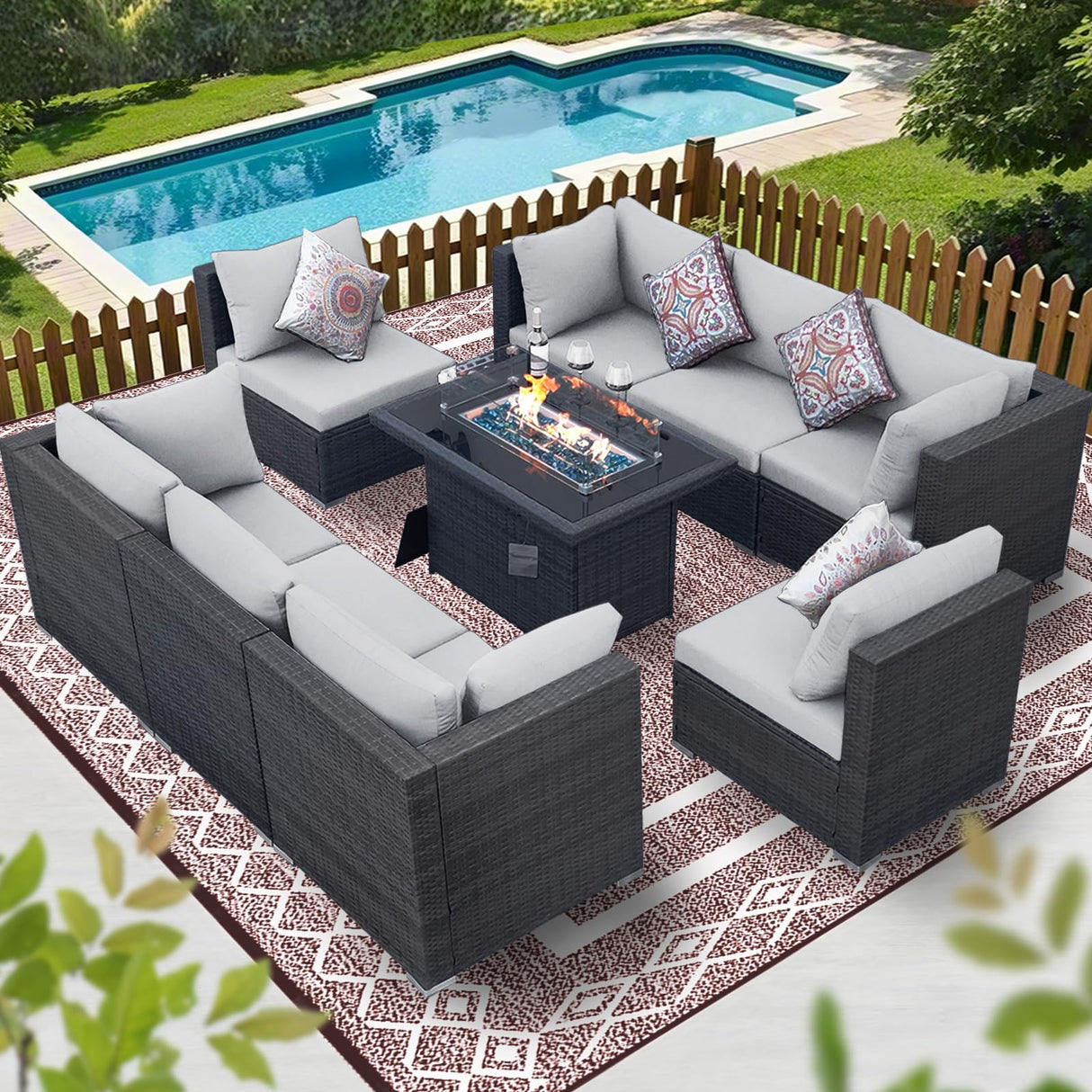 BULEXYARD 9 Piece High Back Outdoor Sectional Seating with Fire Pit Table, Heavy Duty Sturdy Wicker Patio Set Conversation Couch Sofa, Extra Wide Deep Large 8-Person Deck Furniture Set, Light Grey BULEXYARD