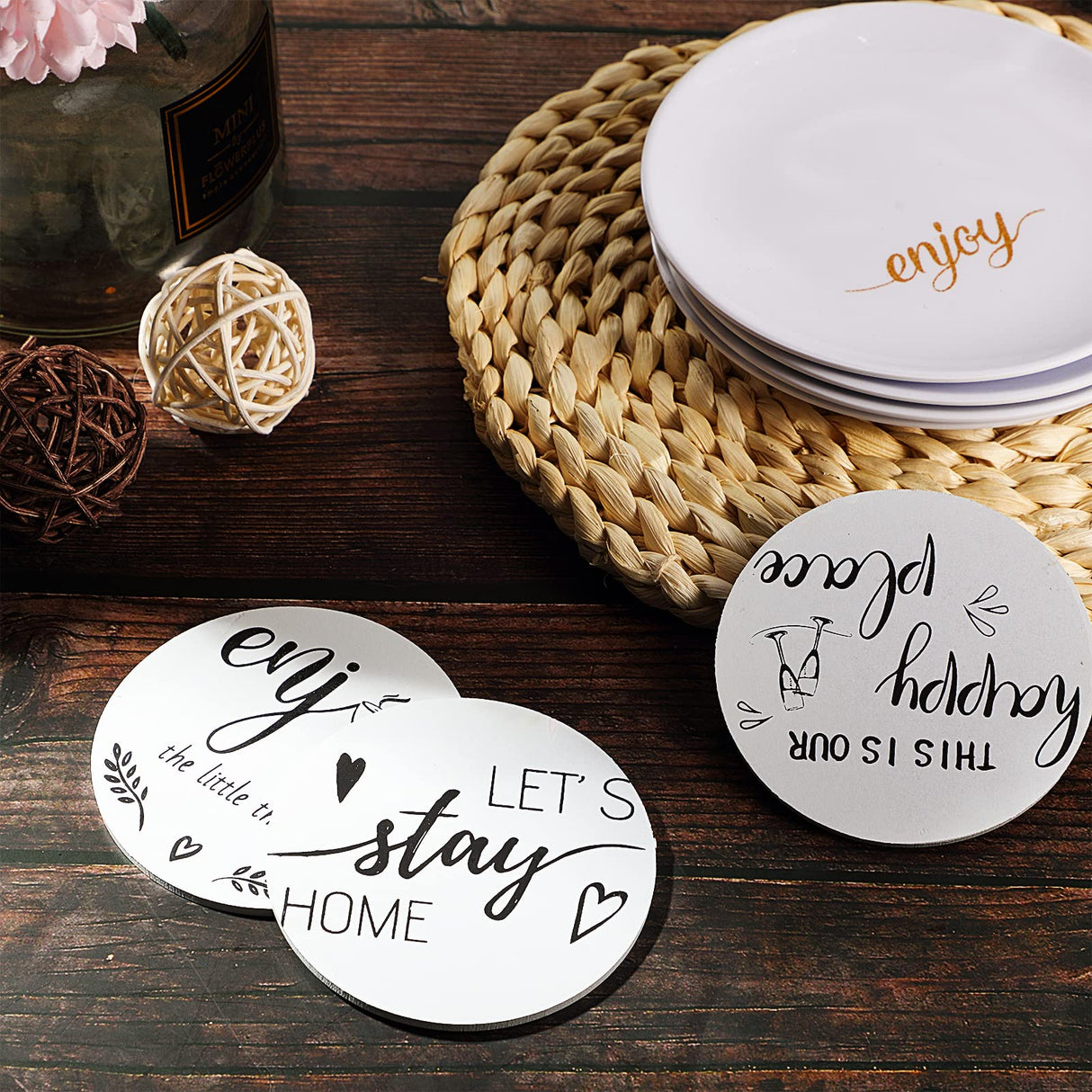 Queekay Housewarming Gifts for Home Decoration Wooden Heart Coasters for Drinks 6 Set Farmhouse Coasters with Holder Funny for Family Coffee Table Protection, 4''(Gray, White) Queekay