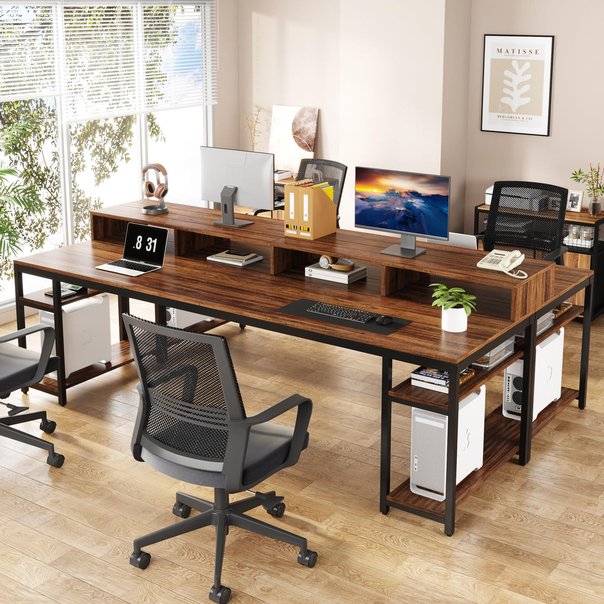 Tribesigns Two Person Desk with Monitor Stand, 78.74" Long Double Computer Office Desk with Storage Shelves, Large Gaming Desk Study Writing Table Workstation for Home Office, Rustic Brown Tribesigns