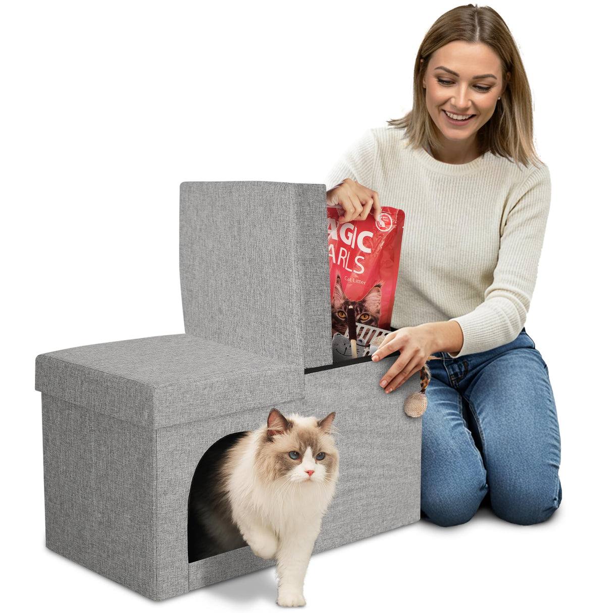 2-in-1 Hidden Cat Litter Box Enclosure – Modern Furniture with Litter Box Included, Odor-Control Tray, Toy Storage, and Waterproof Liner – for All Indoor Cat Breeds PATHOSIO PETS