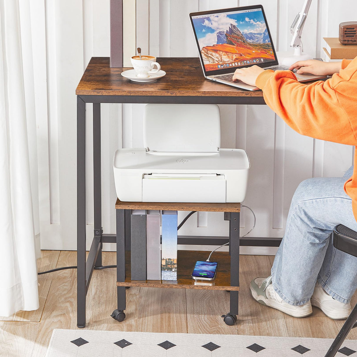 HOOBRO 2-Tier Printer Stand with Charging Station, Under Desk Printer Table, Printer Cart with Storage Shelves, Printer Shelf for Small Spaces, for Home Office, Rustic Brown and Black BF38UPS01 HOOBRO