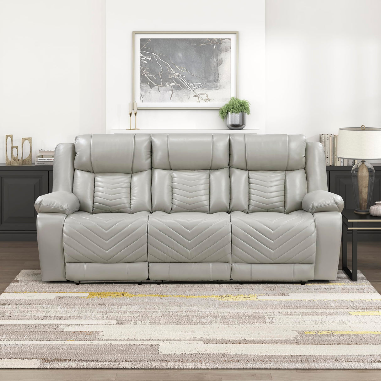 Lexicon Wall Hugger Power Double Reclining Sofa with Center Drop-Down Table, Faux Leather Home Theater Seating with LED Lighting/USB Charging Ports/Wireless Charger/Cup Holders, Magazine Pocket, Gray Lexicon