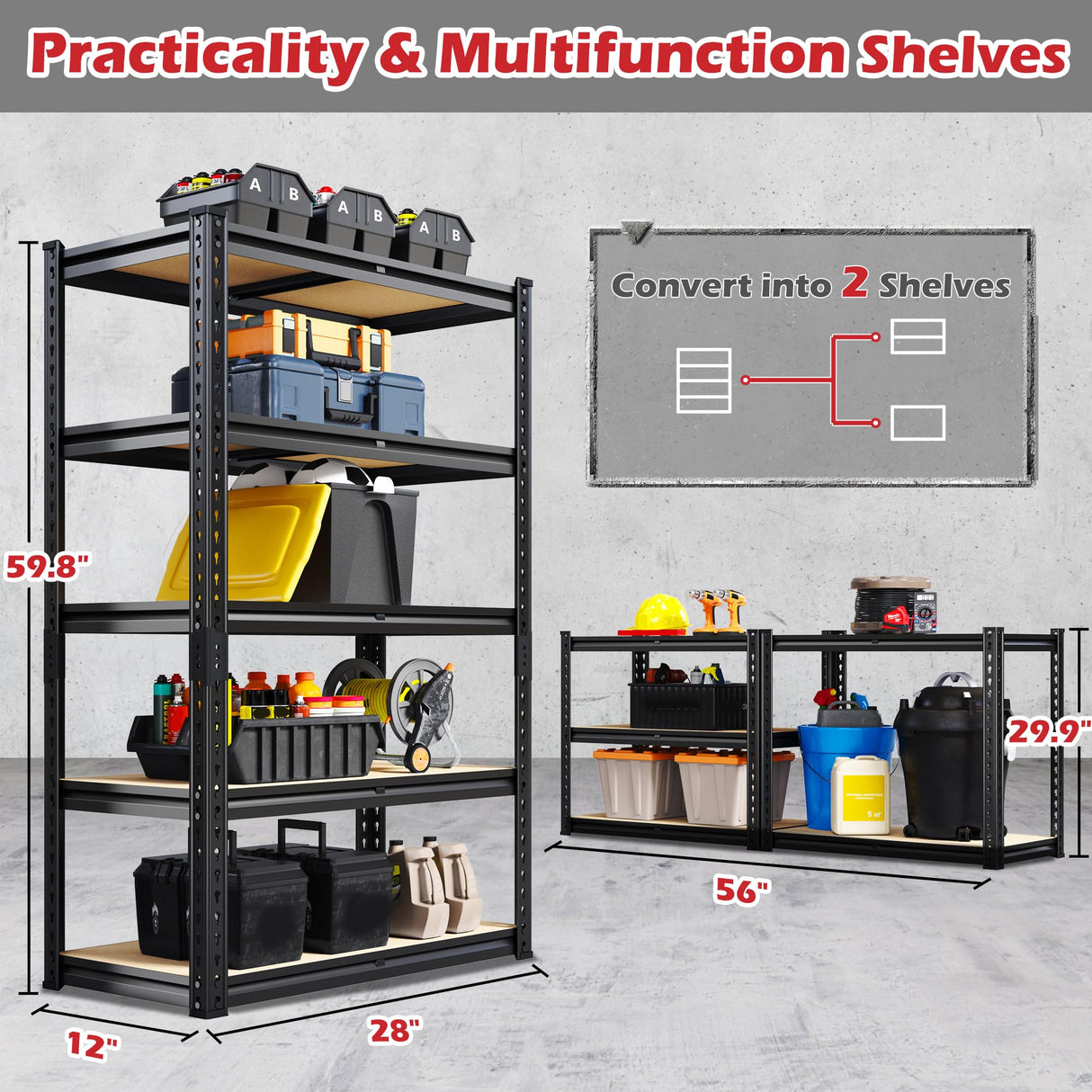 REIBII Storage Shelves 2020LBS Garage Shelving Heavy Duty 5 Tier Metal Shelving Units for Storage Adjustable Utility Shelf Rack for Kitchen Warehouse Basement 28" W x 12" D x 59.8" H, Black REIBII