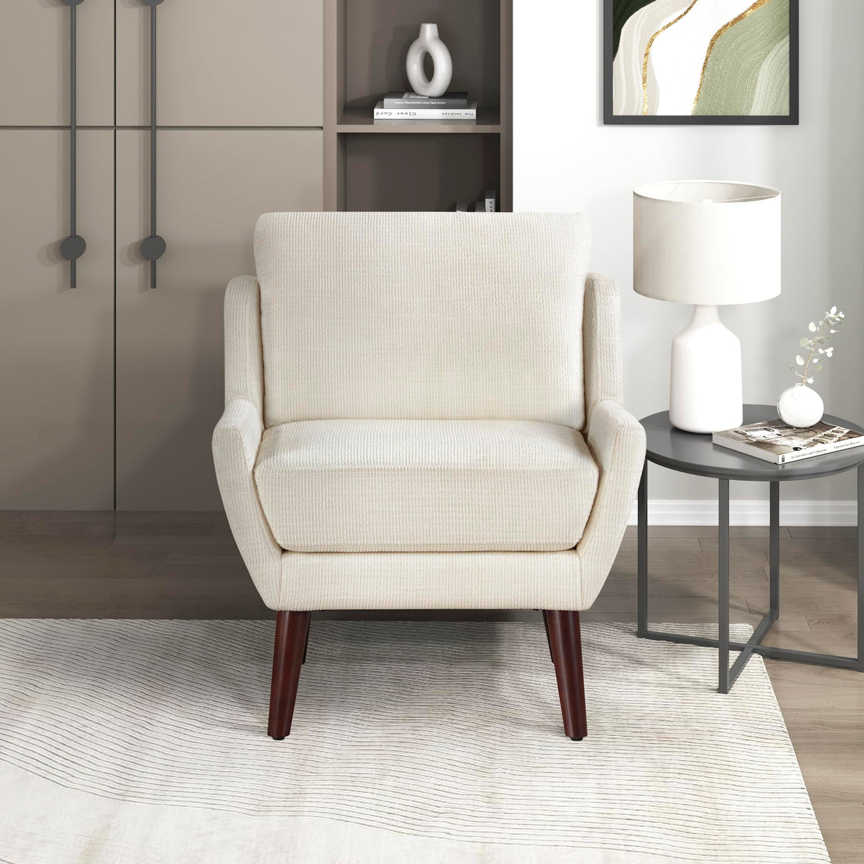 Lexicon Modern Wingback Accent Chair, Chenille Fabric Upholstered Lounge Reading Arm Chair, Solid Wood Legs for Living Room, Bedroom, Supportive Padded Pocket Coil Seat, Easy Assembly, Beige Lexicon