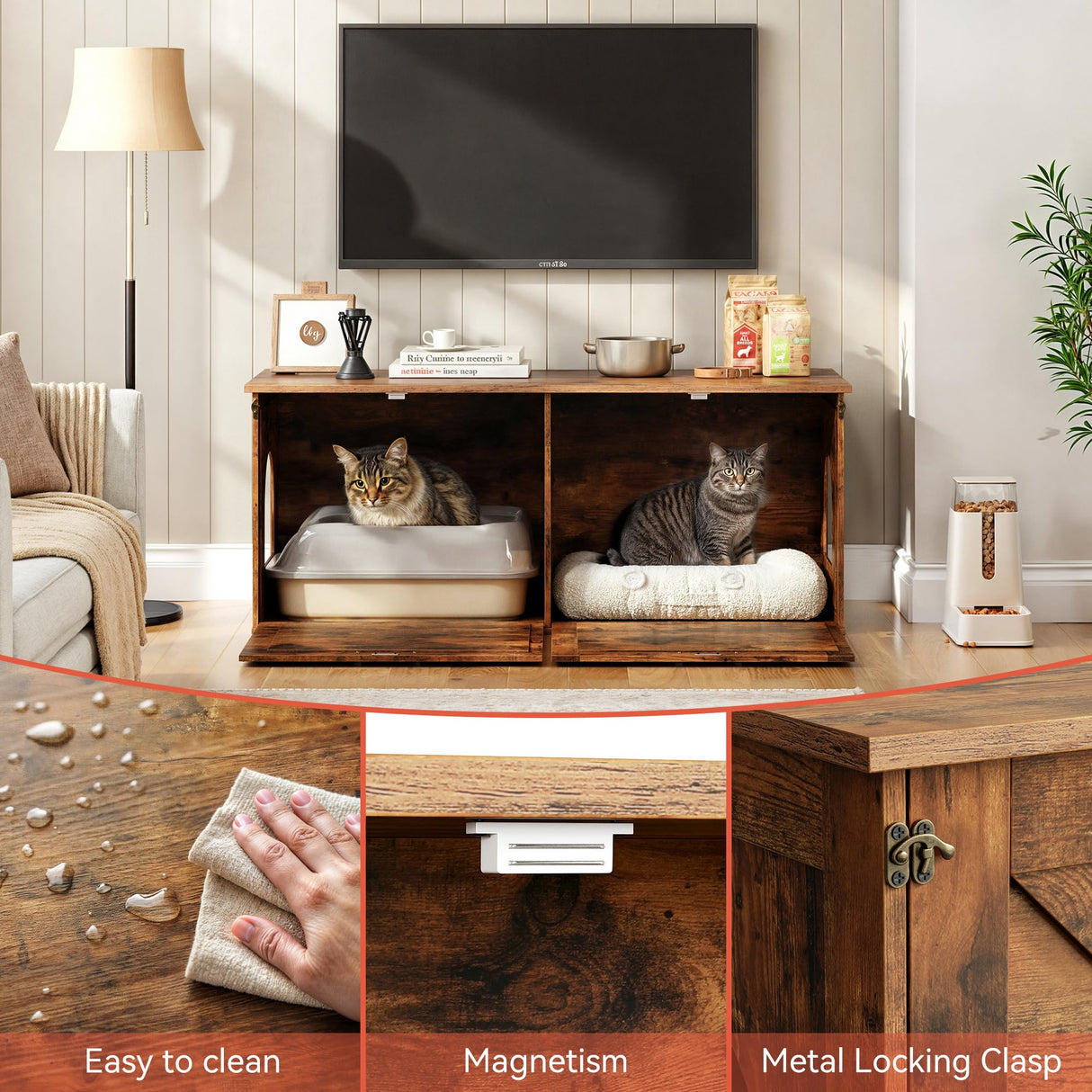 Herture Double Cat Litter Box Enclosure, Hidden Litter Box Cabinet Furniture, Modern Litter Box Storage, Enclosed Cat Litter Box Furniture, Easy to Clean Rustic Brown PG06MWN Herture