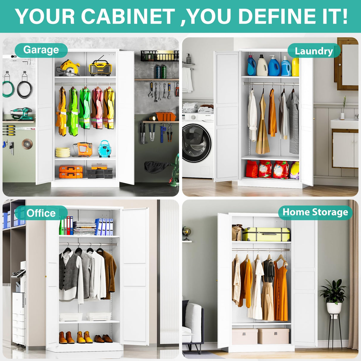 Metal Wardrobe Cabinet with Hanging Rod,White Armoire Wardrobe Closet,Metal Clothing Storage Cabinet with Adjustable Shelves and Doors,72" Wardrobe Storage Cabinet for Home,Living/Laundry Room SISESOL