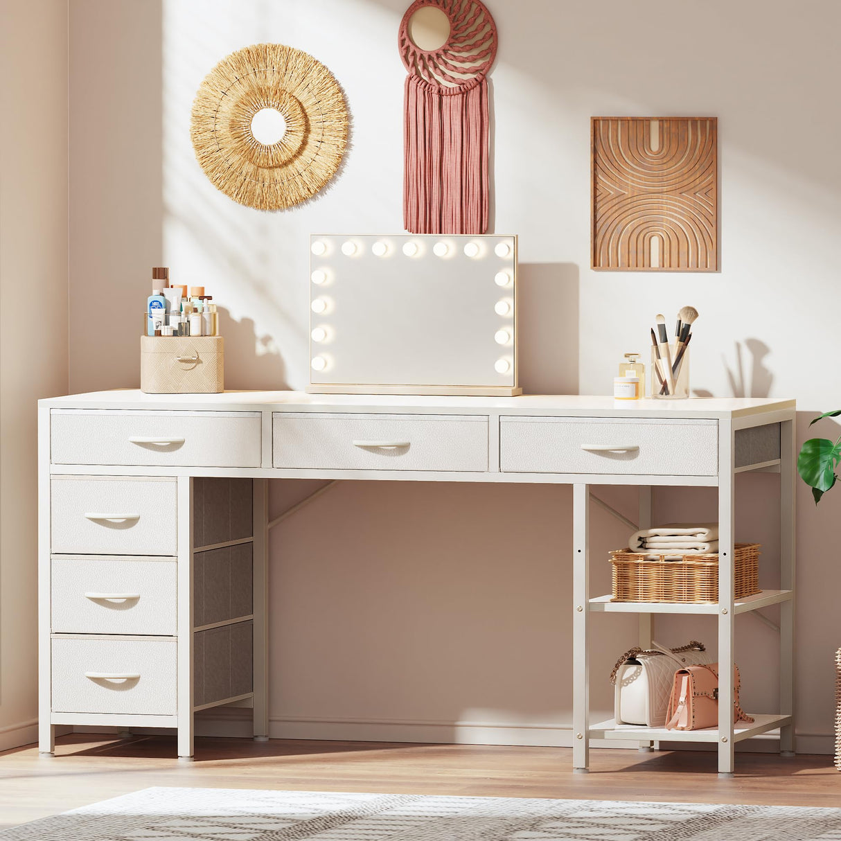 Huuger Computer Desk with 6 Drawers, 54 Inch Office Desk with Shelves, Reversible Gaming Desk, Corner Desk with Storage, Work Desk for Home Office, Study, Living Room, White Huuger