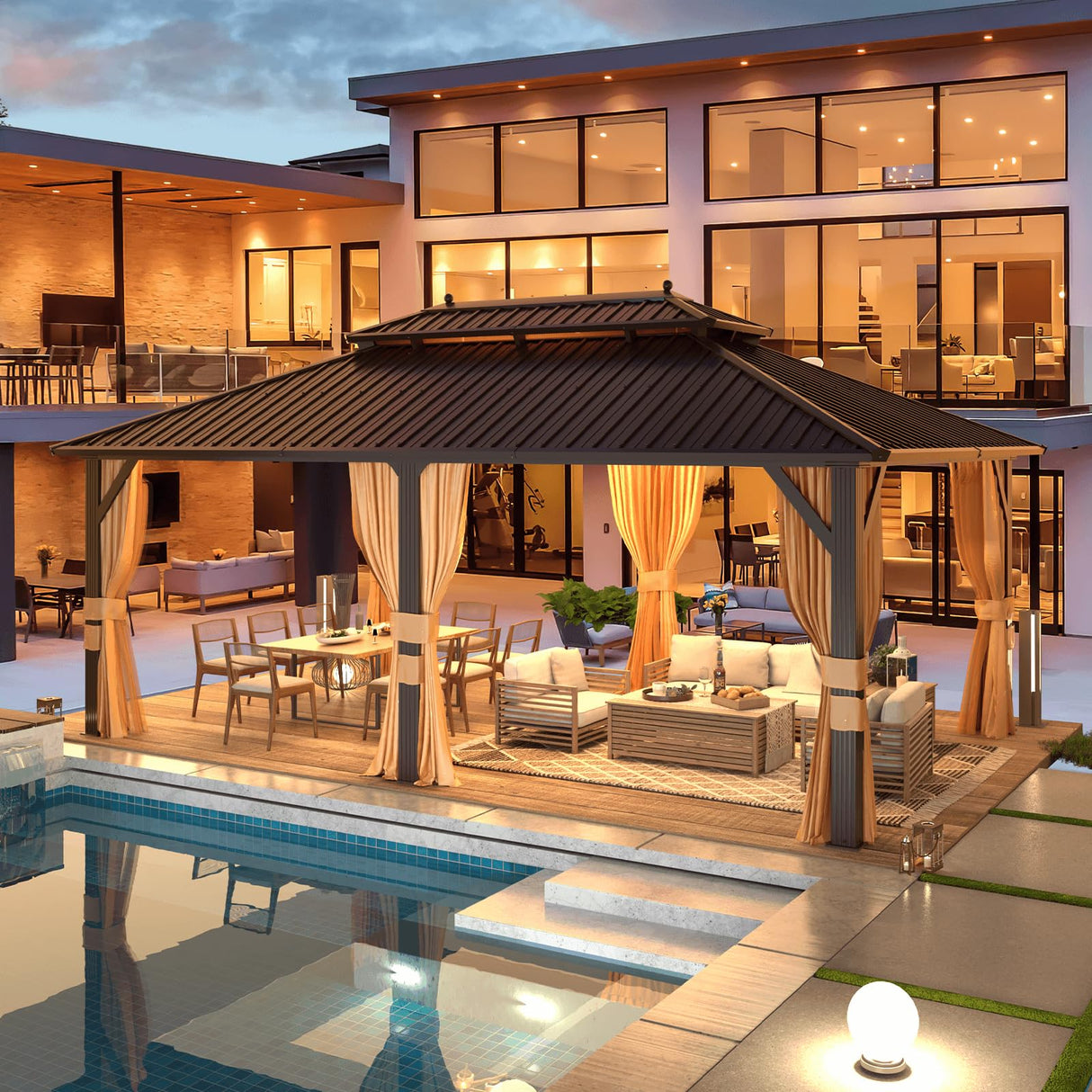 MELLCOM 12'x20' Hardtop Gazebo, Galvanized Steel Metal Double Roof Aluminum Gazebo with Curtain and Netting, Brown Permanent Pavilion Gazebo with Aluminum Frame for Patio, Lawn & Garden MELLCOM