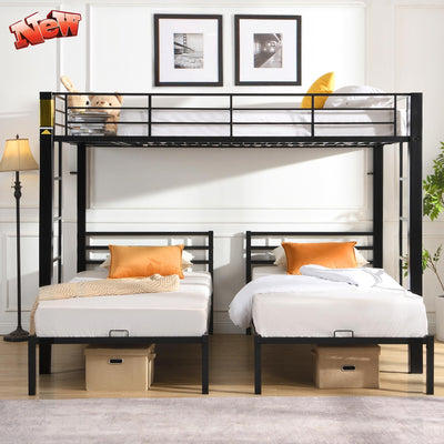 ZMIZAKOY Heavy Duty Triple Bunk Beds for Kids and Adults,Metal 3 Three Tripple BunkBed Full Over Twin Over Twin with Guardrails & Built-in 2 Ladder,No Box Spring Needed,Weight Capacity 600LBS (Black)