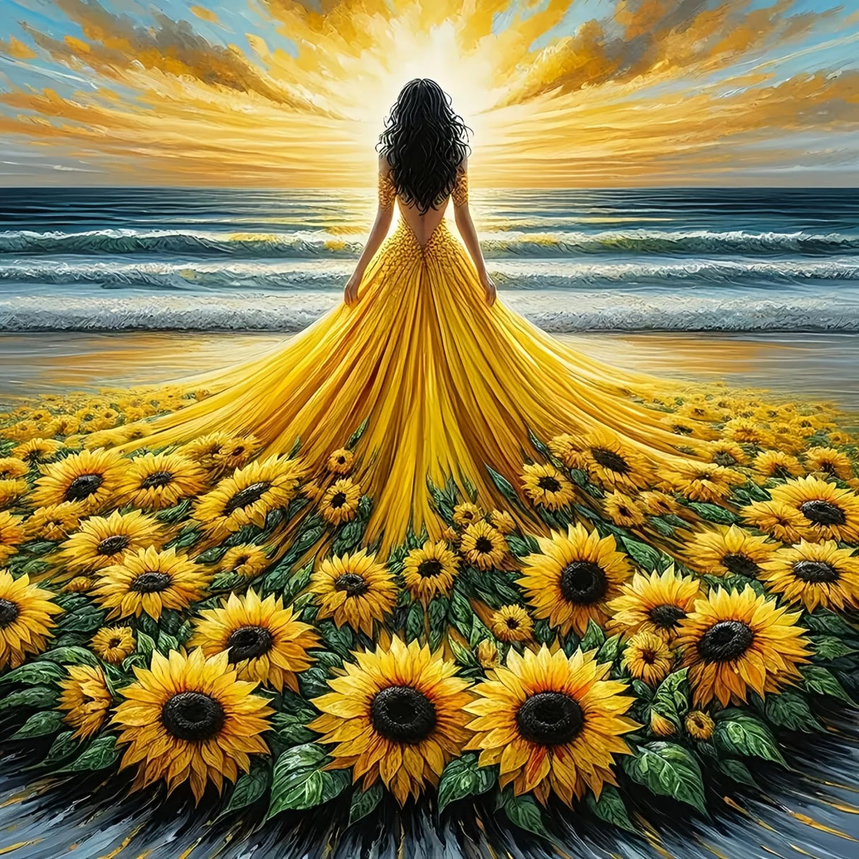 Sunflower Skirt Woman 5D Diamond Art Kits for Adults Beginners,Seaside DIY Full Round Drill Diamond Painting Kits, Paint by Diamonds Dots Gem Art Crystal Easy,Home Wall Decor 14X14 Inch Acelii
