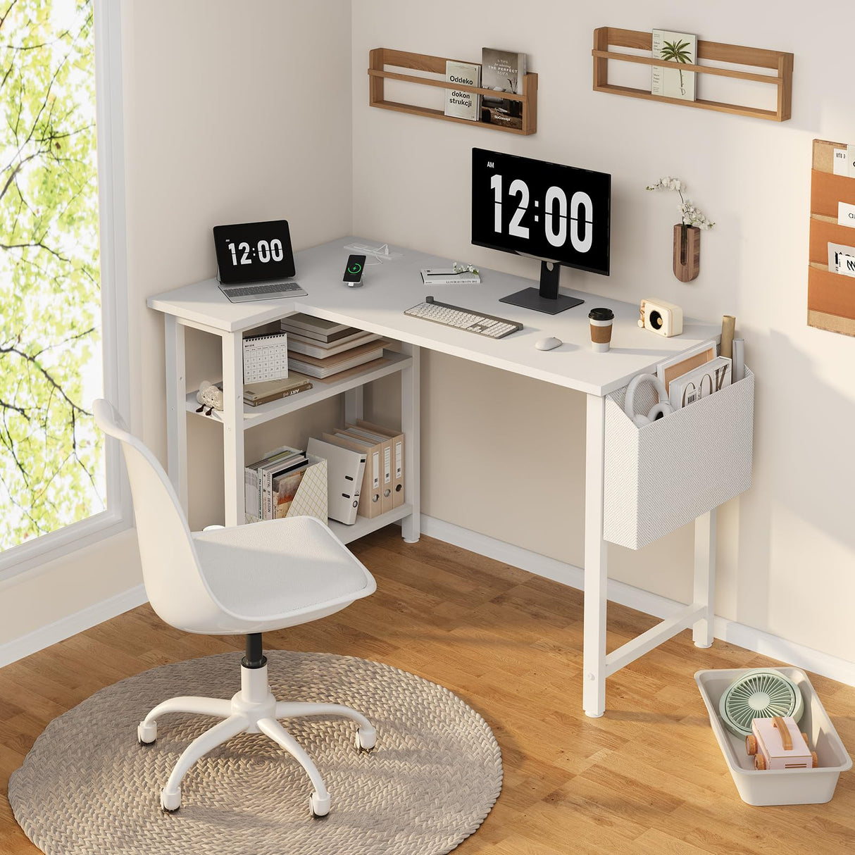 DLisiting White L Shaped Computer Desk with Power Outlet Shelves, 40 Inch Small Corner Desk for Small Space Home Office, Study Work PC Desks for Bedroom, White DLisiting
