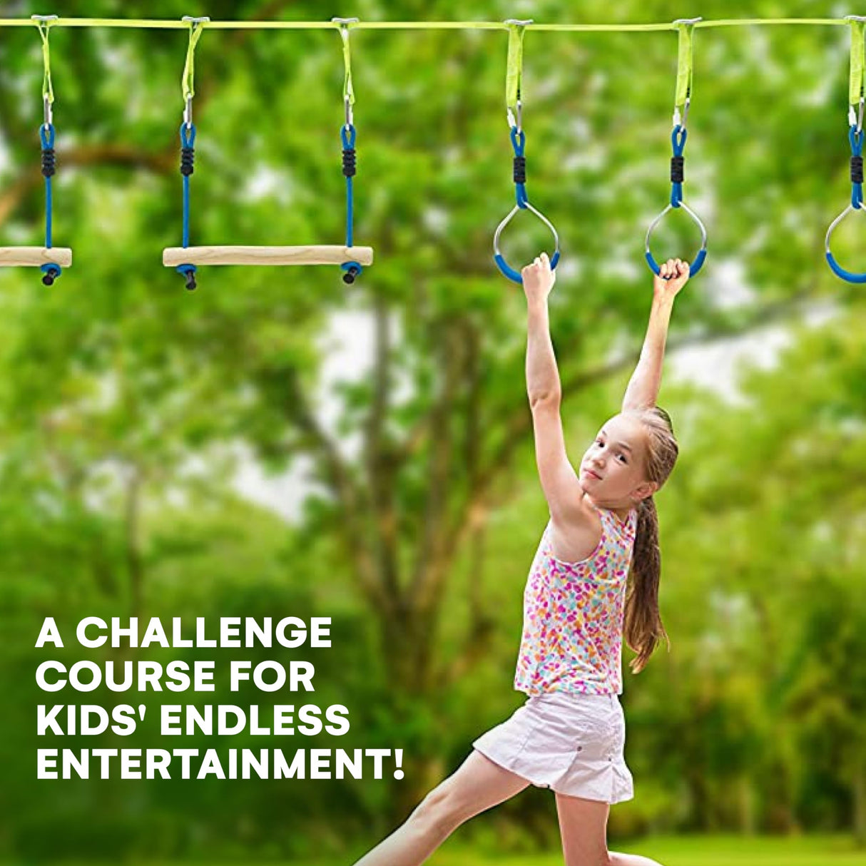 Flybold Obstacle Course for Kids - 40 Ft Ninja Warrior Slackline Kit with 8 Adjustable Obstacles - Tree Protectors, Twin Gear Ratchets, Carry Bag - Complete Outdoor Adventure Set flybold