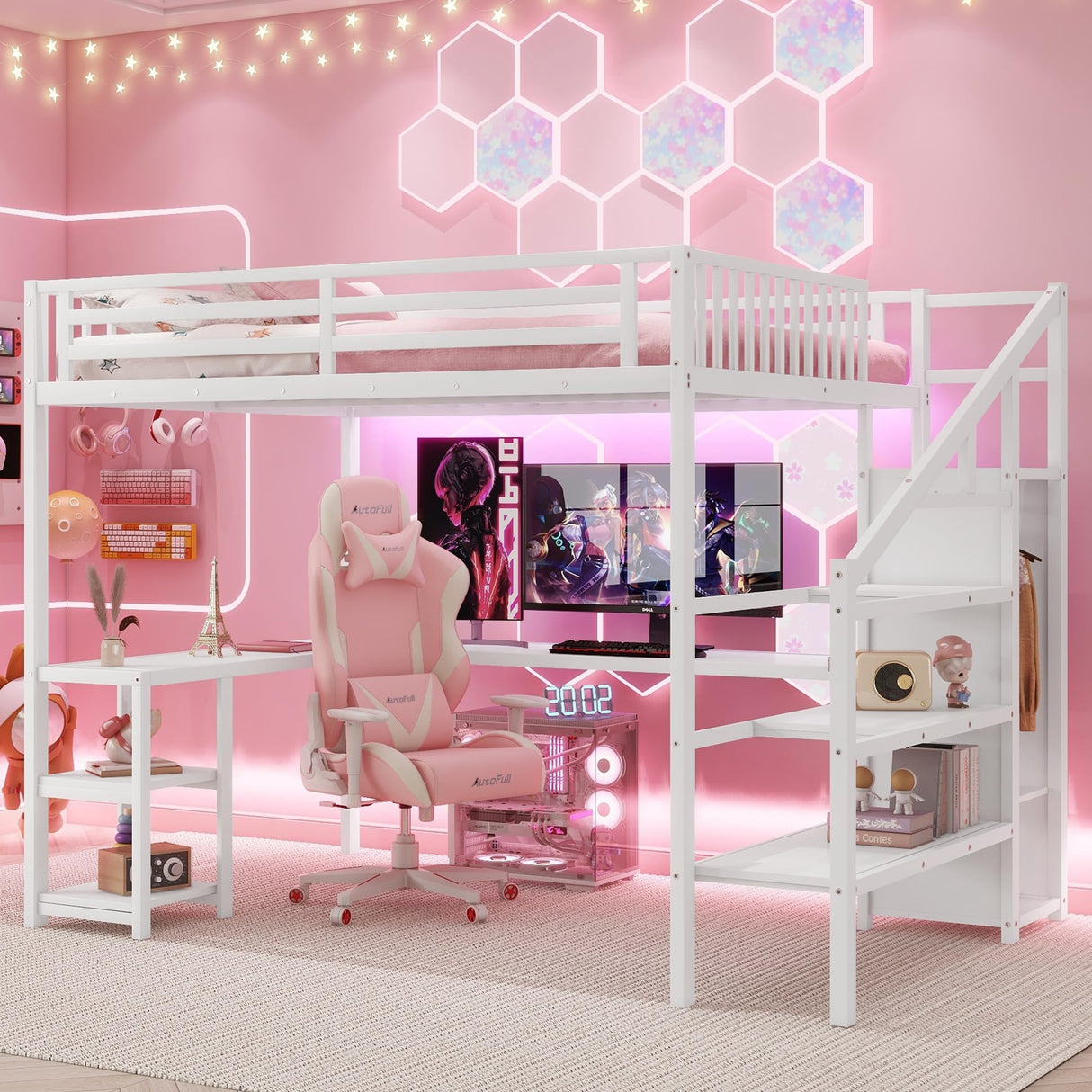 Queen Size Loft Bed with Desk,Metal Heavy Duty Queen Loft Beds with Stairs,Wardrobe and Shelves, High Gaming LoftBed with LED Light and USB Charging Station for Adults,Teens, White Mirightone