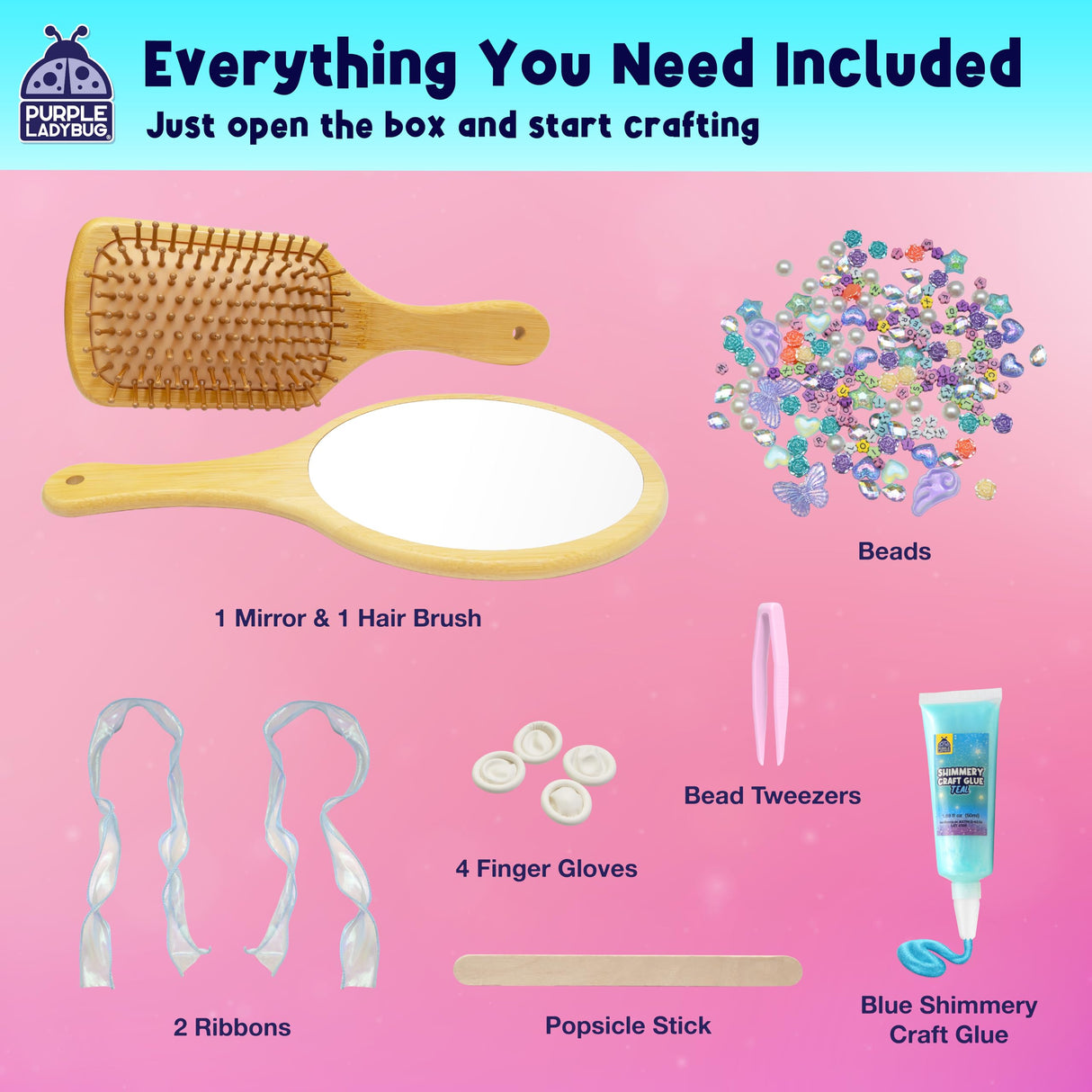 PURPLE LADYBUG Decorate Your Own Wooden Mirror & Brush Set - DIY Craft Kit for Girls Ages 4-8 8-12 with Glitter Glue, Beads, Gems, Butterflies, Ribbons - Birthday Gift for Girls 4 5 6 7 8 9 10 11 12 PURPLE LADYBUG