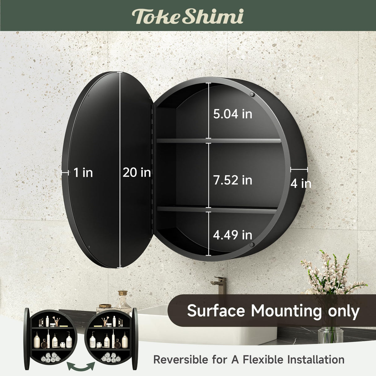 TokeShimi 20 Inch Round Black Medicine Cabinet for Bathroom with Vanity Mirror Small Metal Framed Bathroom Mirrored Cabinet for Wall Mounted Only Circle Farmhouse Medicine Cabinet Removable Shelves TokeShimi