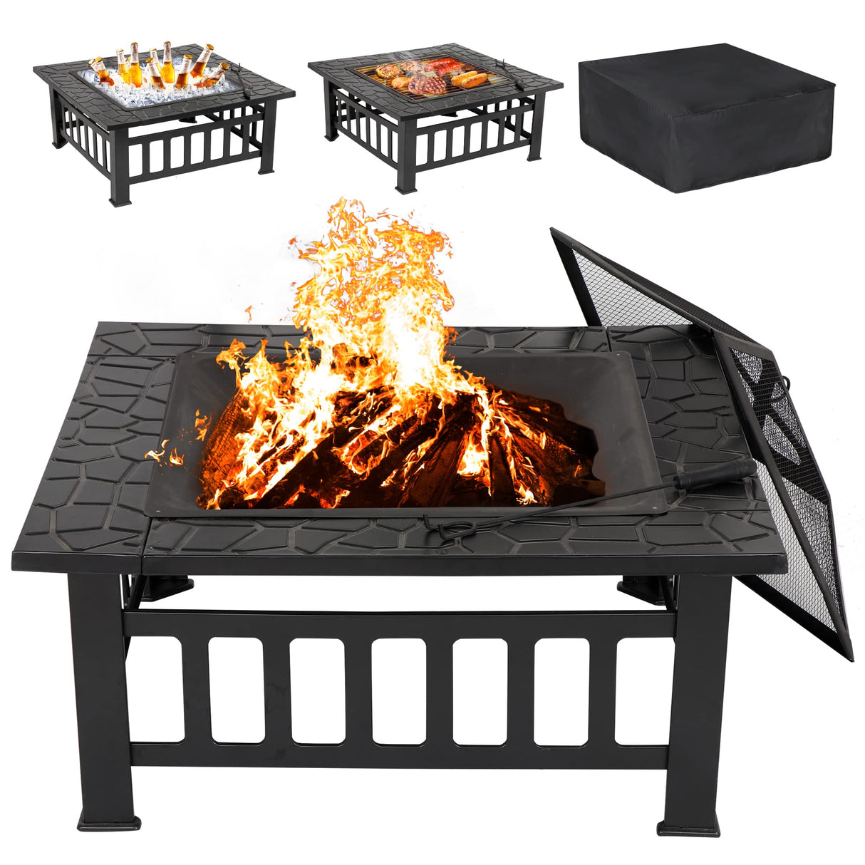LEMY 32 Inch Outdoor Fire Pit Table, Wood Burning Firepit Stove with Lid for Camping&BBQ, Garden, Backyard LEMY
