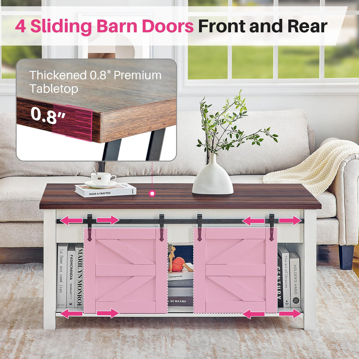 Redlife Lift Top Coffee Table, Coffee Table with Storage, 47" White Coffee Table with Lifting Top, Lifting Tabletop with Sliding Barn Door for Living Room, Office, Farmhouse Coffee Table Redlifeᅟᅠ