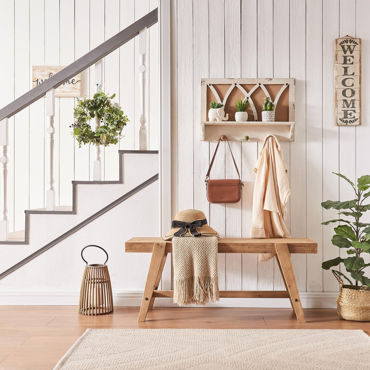 HOKYHOKY Farmhouse Solid Wood Entryway Bench – 43.4 Inches Rustic Long Bench, Dining Bench with Angled Legs, Hand-Finished Natural Grain, for Foyer, Hallway, Bedroom HOKYHOKY