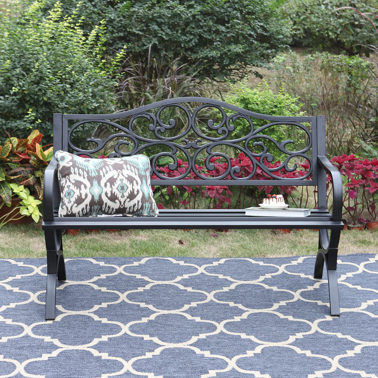 Sophia & William 50" Outdoor Garden Bench Patio Park Bench, Cast Iron Metal Frame Furniture with Floral Design Backrest for Porch Yard Lawn Deck, Black Sophia & William