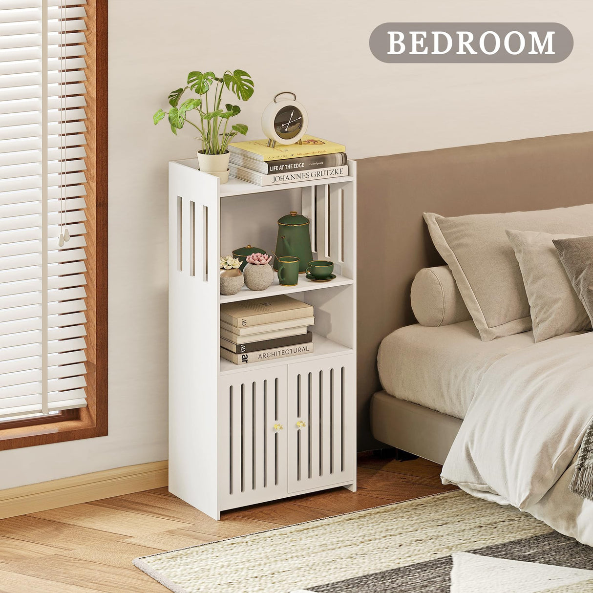 HAYOFAMY Bathroom Storage Cabinet, 4-Tier White Floor Cabinet Freestanding Organizer with Door for Living Room Kitchen Small Space HAYOFAMY