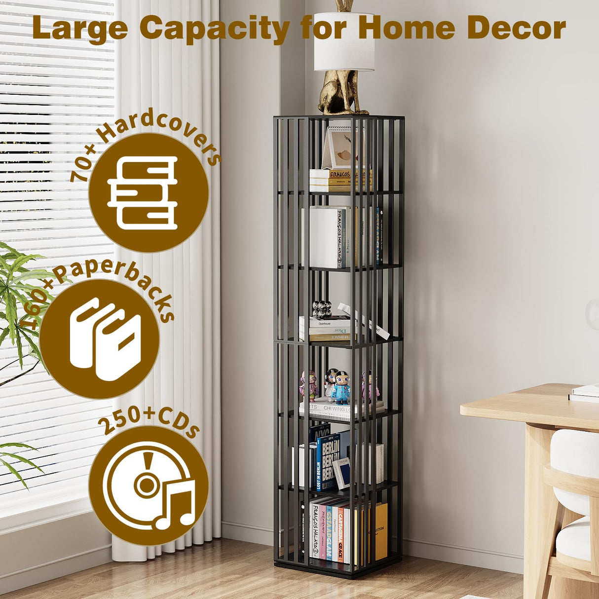 Espelism 6 Tier Rotating Bookshelf, 360° Spinning Narrow Bookcase Tower, Space Saving Floor Standing Wood Shelf & CD Organizer for Small Spaces, Bedroom, Living Room, Office (Black, 6-Tier) Espelism