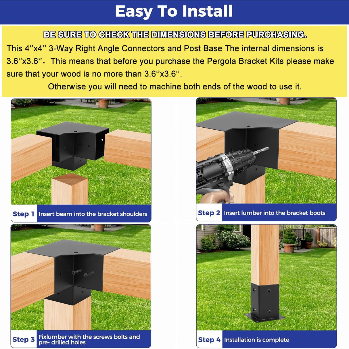 Heavy Pergola Brackets,Woodworks Metal Kit 3-Way Right Angle connectors with Post Base 4x4'' ,DIY Gazebo Kit Suitable for Pergolas,Gardens (4PC 3-Way Pergola Brackets + 4PC Post Base) SZSFSYYX