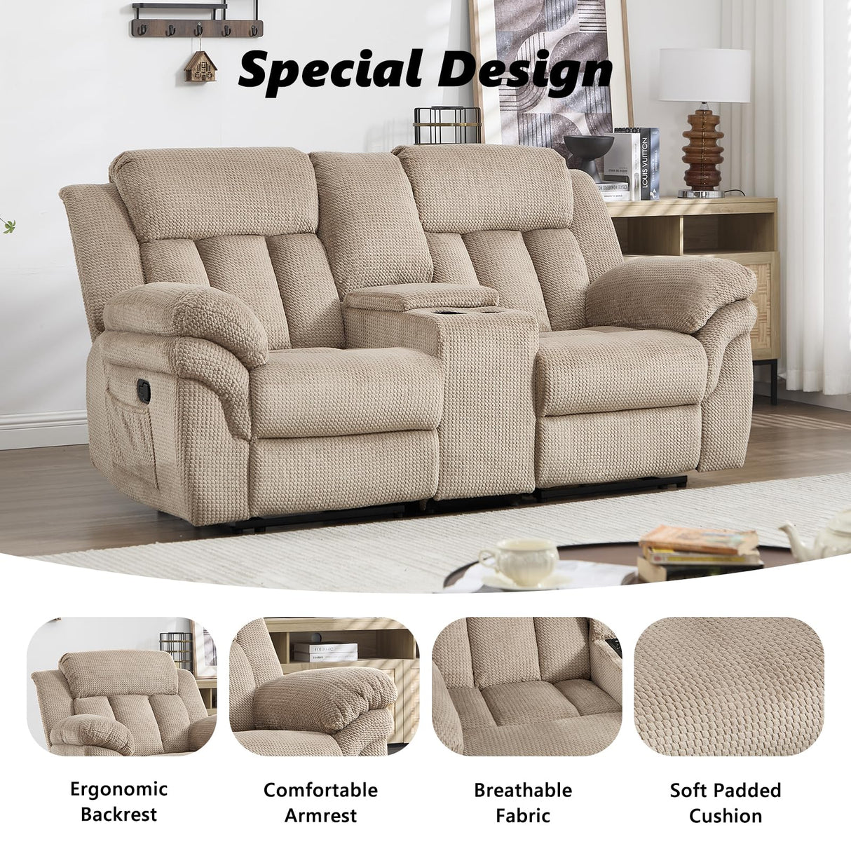 CANMOV Recliner Sofa Set, Manual Recliner Loveseat with Overstuffed Armrest for Living Room,Bedroom Furniture,Office,2 Seat Light Brown CANMOV