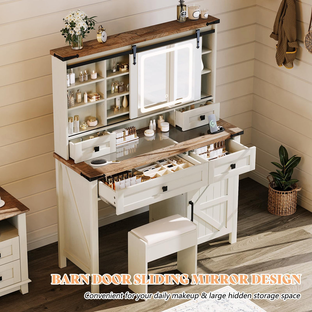 AMERLIFE 42'' Farmhouse Makeup Vanity Desk with Sliding Mirror and Lights, Glass Tabletop Vanity Table with 2 Drawers & Shelves for Bedroom(NO Bench), Antique White AMERLIFE