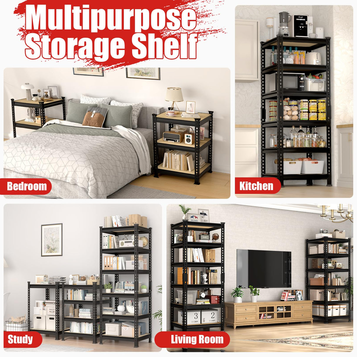 PrimeZone 6-Tier Adjustable Tall Book Shelf - Narrow Bookcase for Small Space, Open Wooden Bookshelf, Display Square Shelf for Living Room, Bedroom, Sturdy, Office, 16" W x 16" D x 72" H, Black PrimeZone