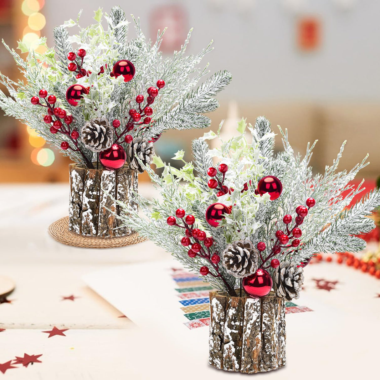 2 Pack Christmas Table Decorations, 14 Inch Christmas Centerpiece Small Potted Christmas Tree with Lights, Pine Cones and Berries, Xmas Artificial Plants for Tables, Home, Mantel Holiday Decor BHLUUIYER