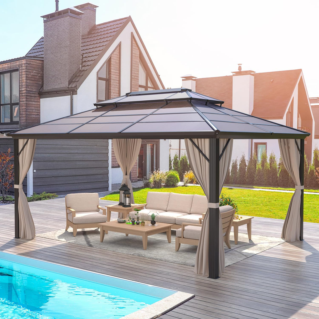 EROMMY 10' x 13' Gazebo Polycarbonate Double Roof Canopy Outdoor Aluminum Frame Pergola, Permanent Pavilion with Netting and Curtains for Garden Patio Lawns Parties EROMMY