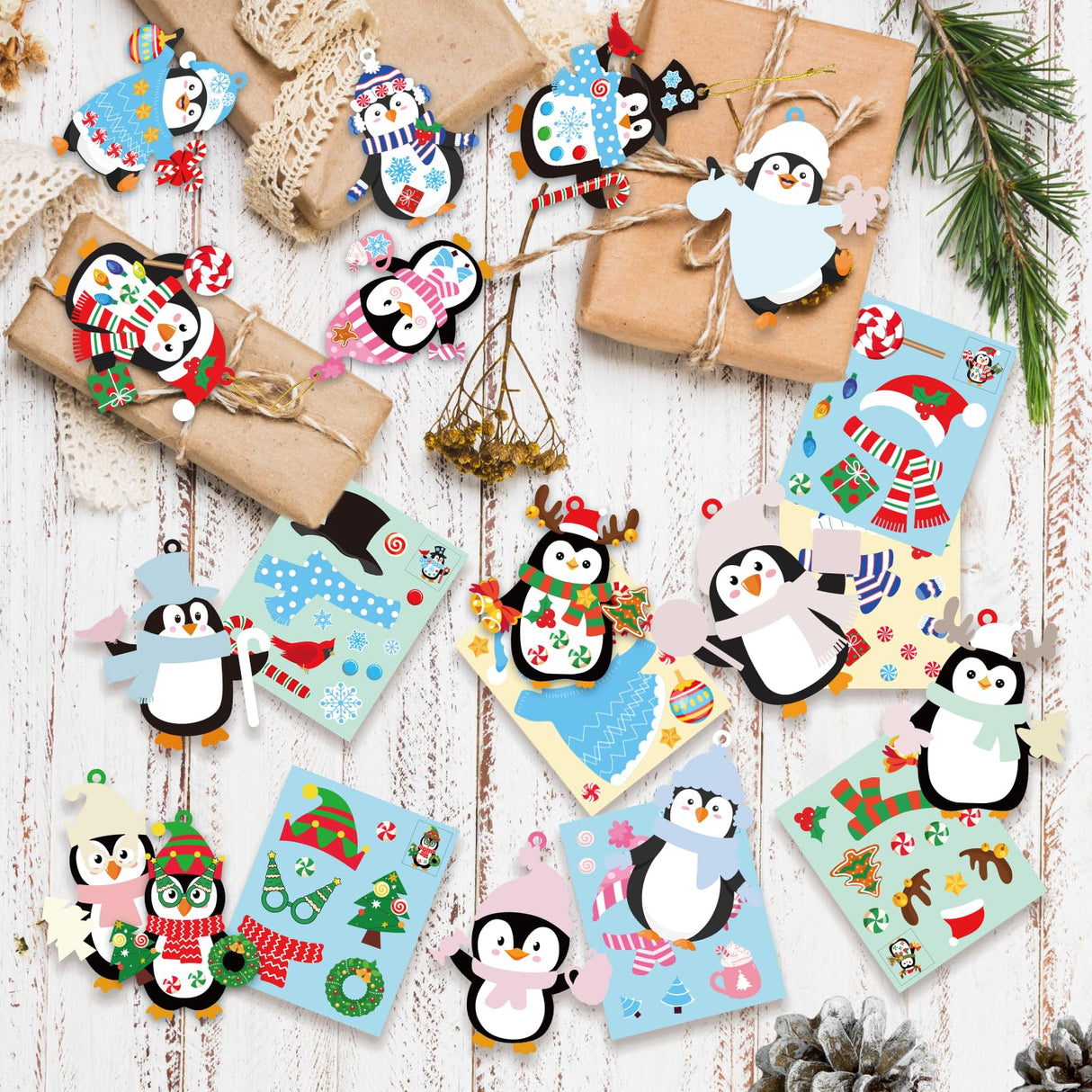 28 Pack Winter Christmas DIY Crafts Kit for Kids, Make Your Own Christmas Penguin Ornaments Stickers Cutouts Art Crafts Bulk for Kids Winter Holiday Xmas Home Class Art Game Activities Party Favors VABAMNA