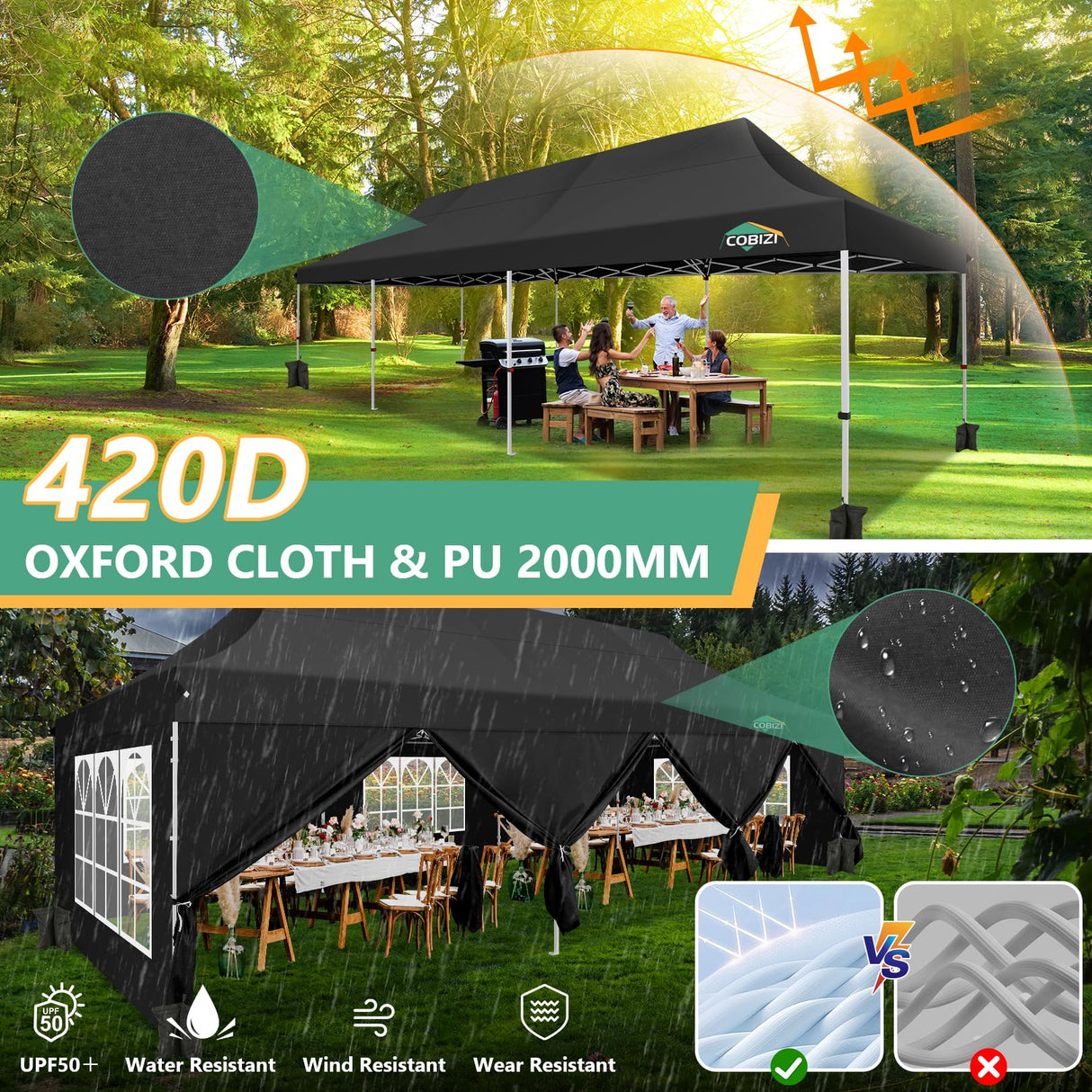 COBIZI 10x30 Pop Up Canopy Tent with 8 Removable Sidewalls Ez Pop Up Party Tent 10x30 Waterproof Instant Shelter UPF50+ Outdoor Canopy Tent for Parties Wedding Events,with Roller Bag&4 Sandbags,Black COBIZI