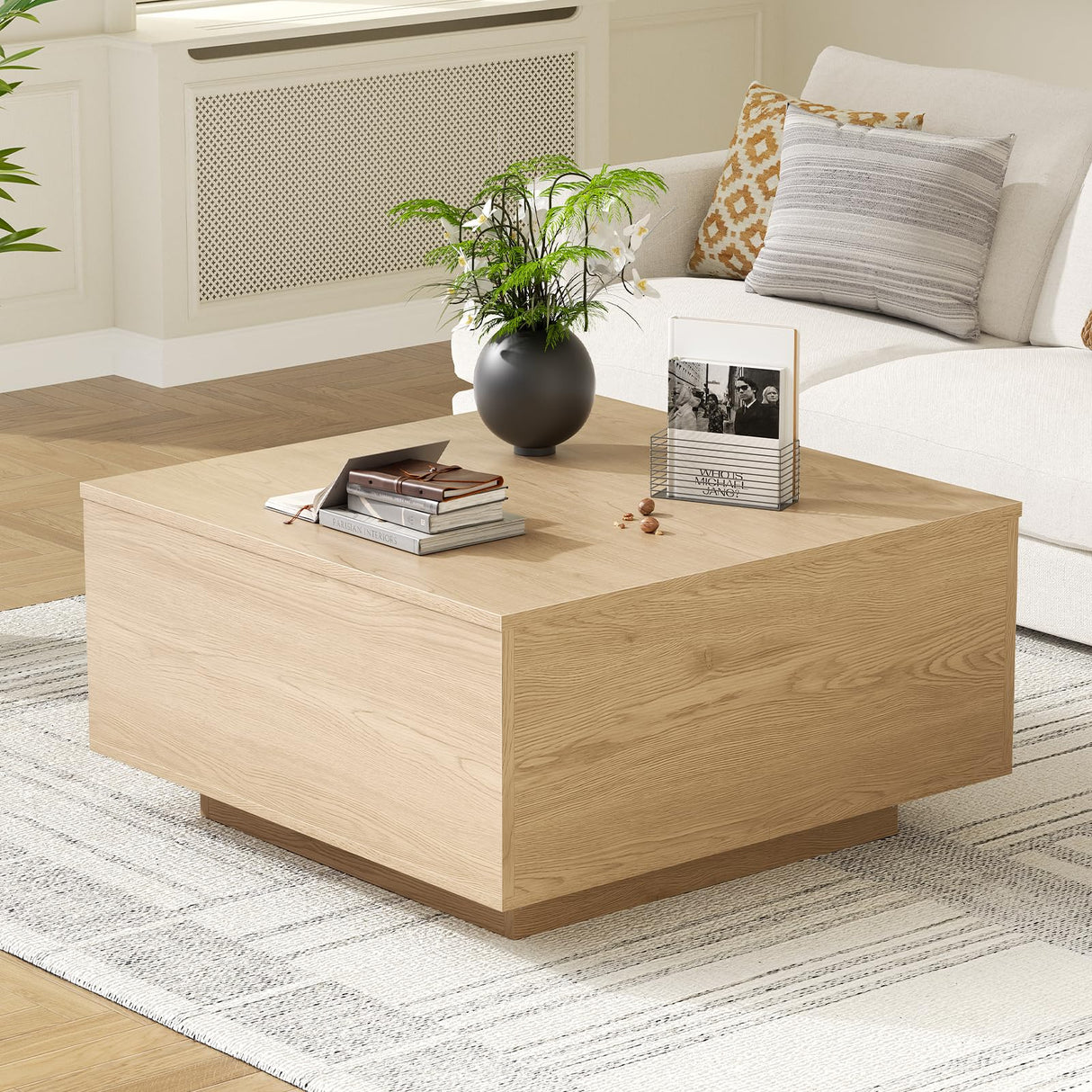 FABATO Lift Top Coffee Table, Wood Square Coffee Table with Storage, Farmhouse Coffee Tables with Hidden Storage Compartment, Center Table with Lifting Tabletop for Living Room, Home Office, Natural FABATO