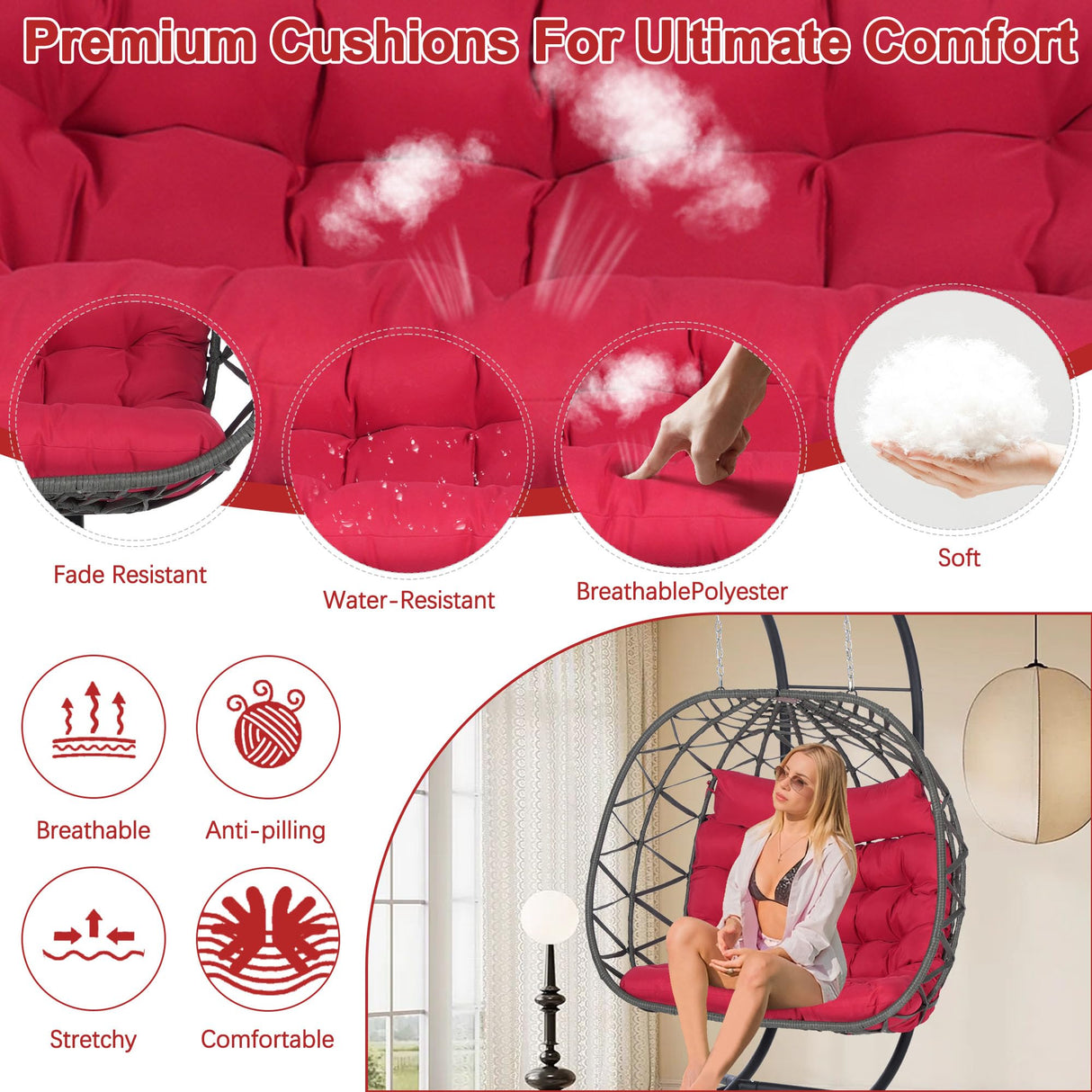 Double Hanging Egg Chair Indoor Outdoor with Stand, Patio Rattan Wicker Double Egg Swing Chair Hammock Chair with UV Resistant Thicken Comfy Cushions, Porch Swing Loveseat for Backyard, Red WIIS' IDEA