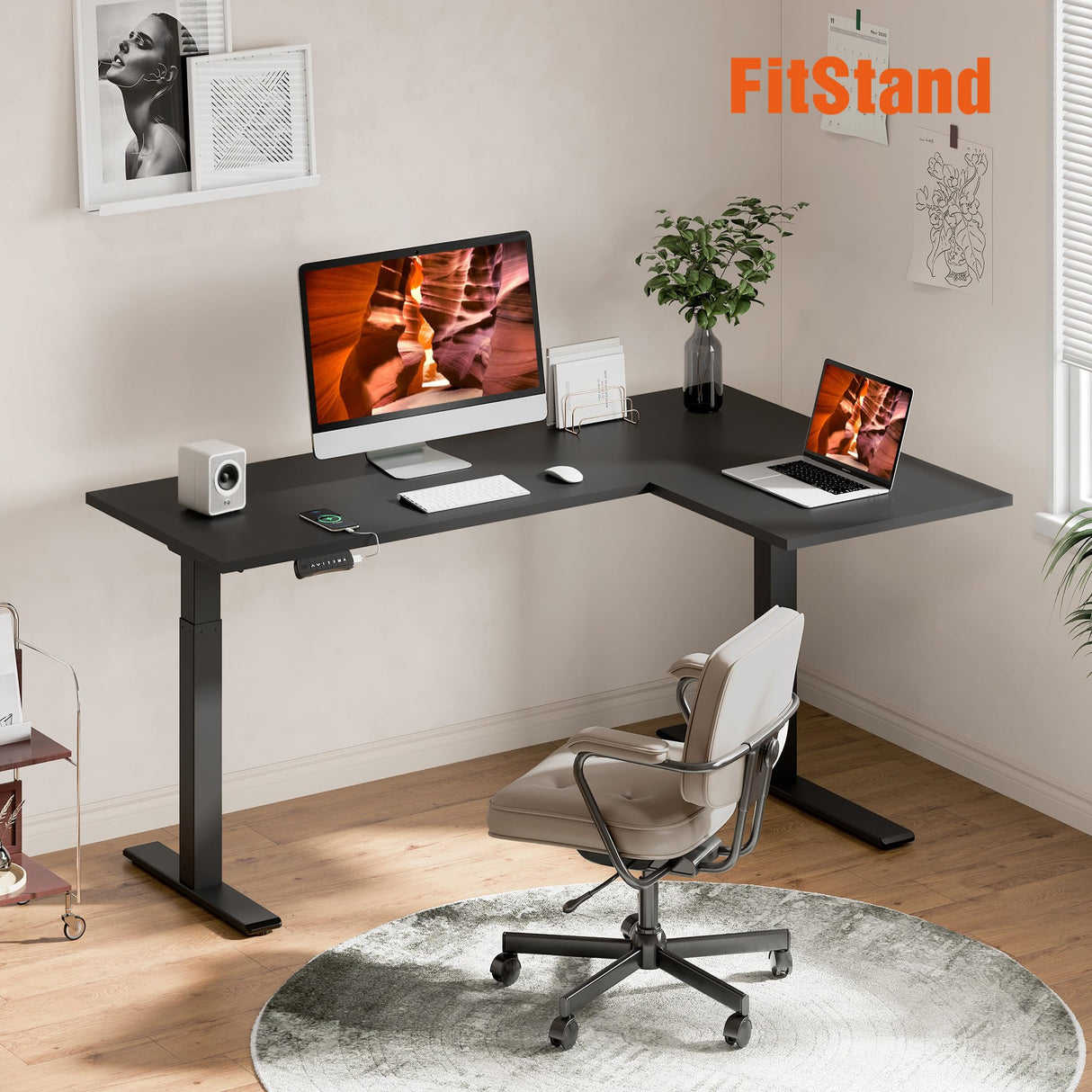 FitStand L shaped corner standing desk with dual motor, large 63x40 electric height adjustable gaming table, stand up home office desk computer workstation, Black FitStand