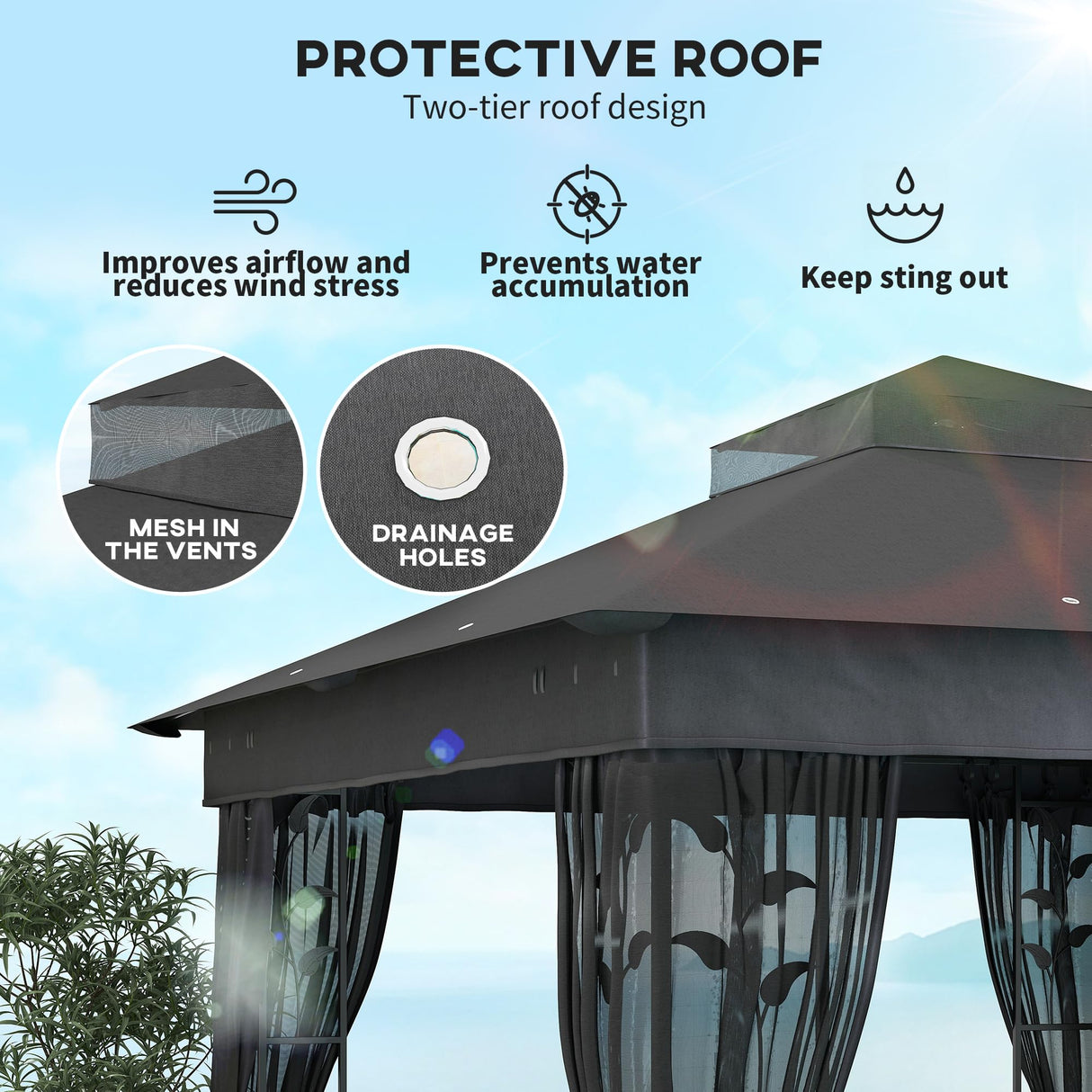 Outsunny 10' x 10' Outdoor Gazebo with Shelves and Netting, Double Roof Patio Gazebo Canopy Shelter, UV30+ Protected for Lawn, Backyard and Deck, Dark Gray Outsunny