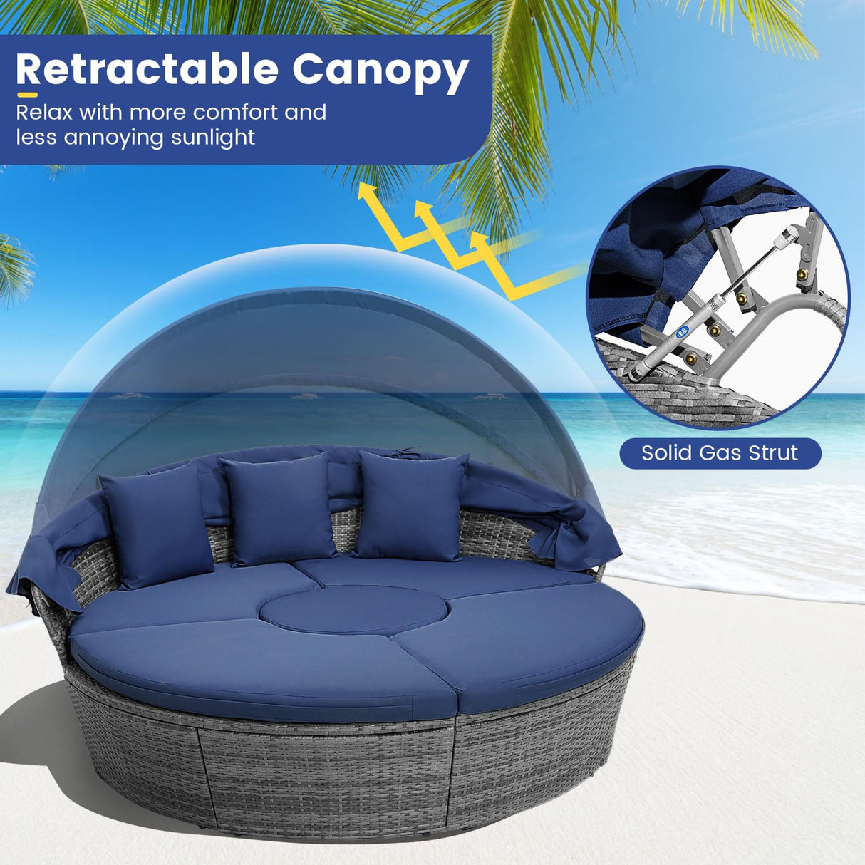 HAPPYGRILL Rattan Daybed with Canopy, Outdoor Wicker Round Daybed Patio Sectional Seating with Cushions & Adjustable Side Table, Patio Furniture for Backyard Porch Poolside HAPPYGRILL