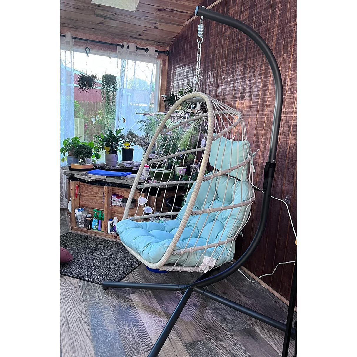 Yechen Egg Swing Chair with Stand, Patio Wicker Rattan Hanging Chair Swing Hammock Egg Chairs with UV Resistant Cushion for Indoor Bedroom Outdoor Garden Backyard, Light Blue (QH1912050036USBL) Yechen