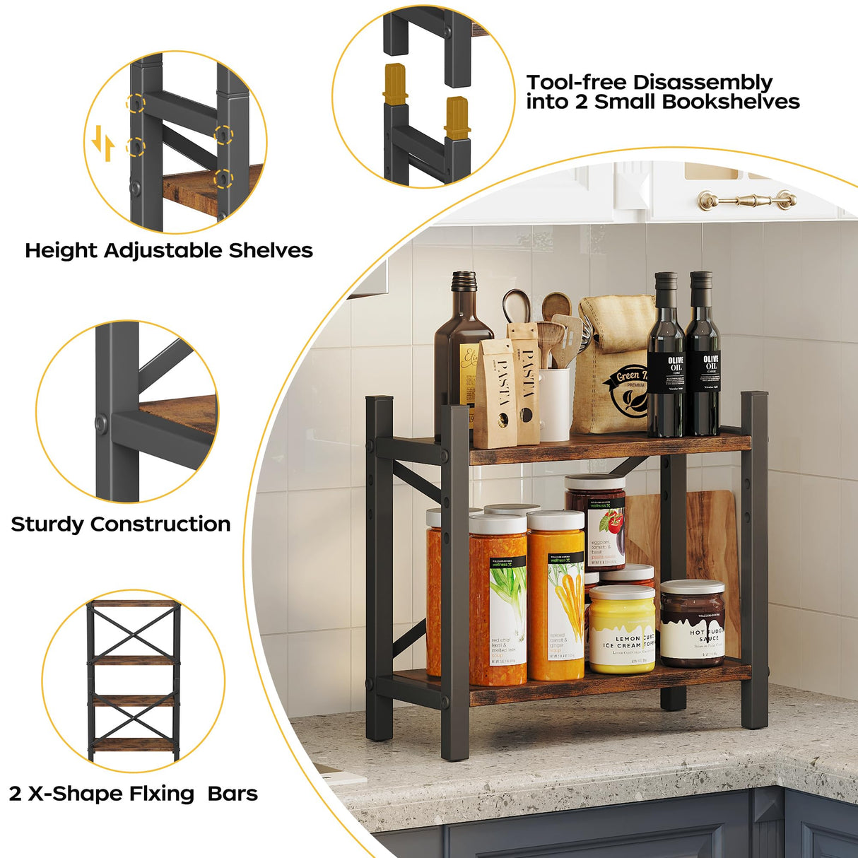 Desktop Bookshelf, 4-Tier Stackable Narrow Bookcase, Adjustable Industrial Desk Organizer & Hutch - Rustic Brown Wood Desktop Book Organizer for Living Room, Bedroom & Home Office Homeiju