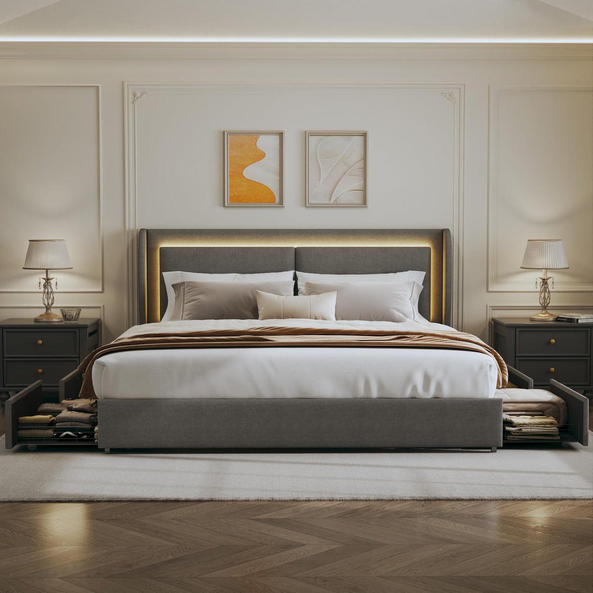 Queen Size Grey Upholstered Bed Frame with Storage, LED Lights & Wingback Headboard - LIMGLIM LIMGLIM