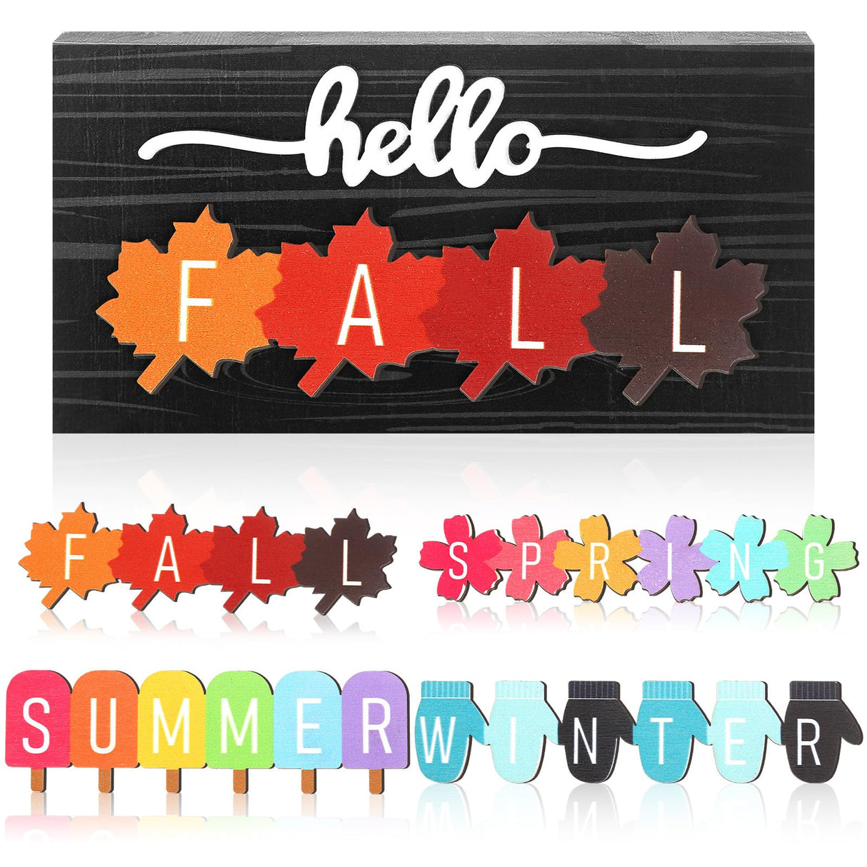 Roowest 5 Pcs Hello Fall Sign Interchangeable Seasonal Sign Spring Summer Winter Tiered Tray Decor 5.9 x 3 Inch Wooden 4 Seasons Farmhouse Table Centerpiece Decoration for Home Shelf Office(Basic) Roowest